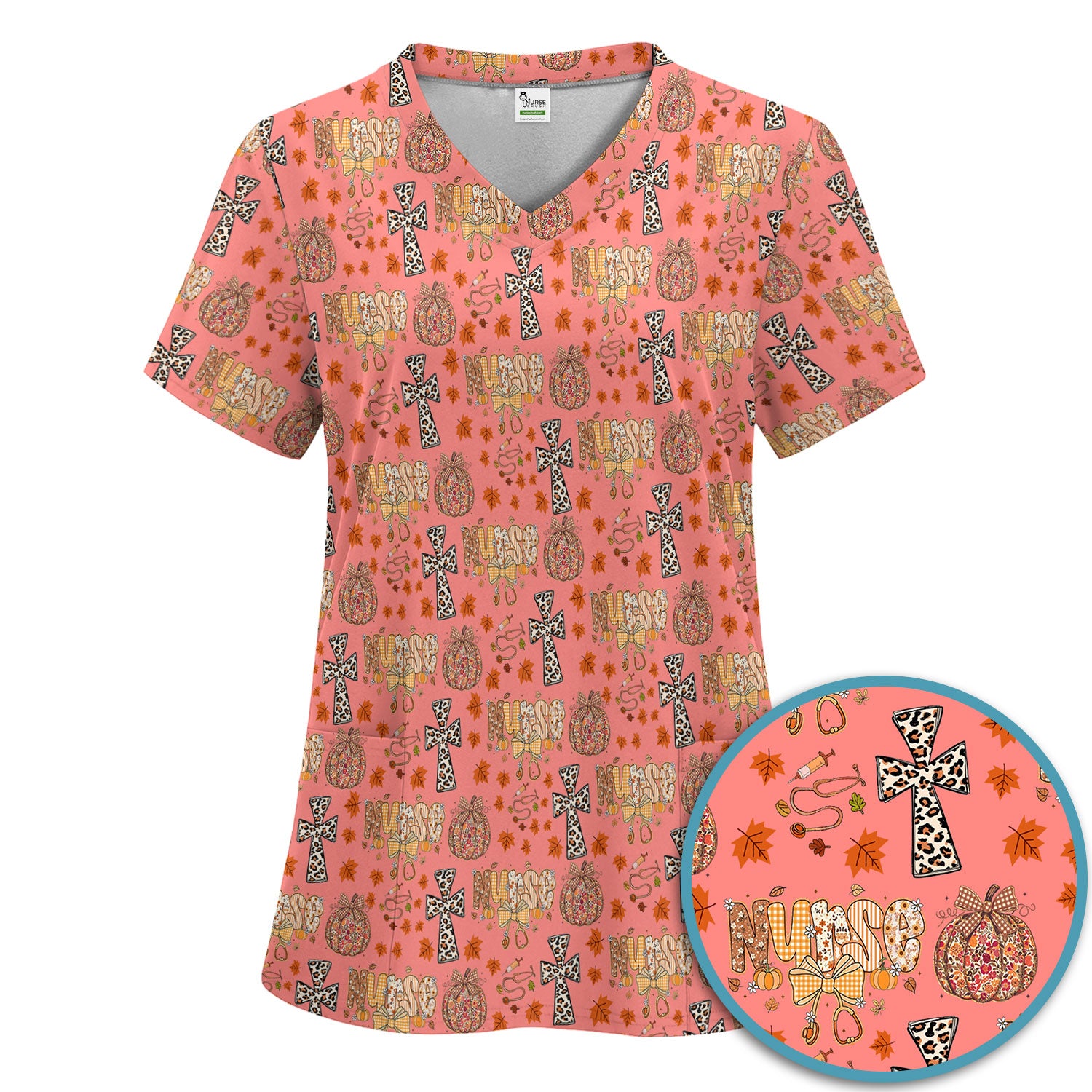 I Will Praise Him In Every Season - Boho Pumpkin Leopard Cross Fall Scrub Sets for Nurse - Thanksgiving Med Uniform for Women