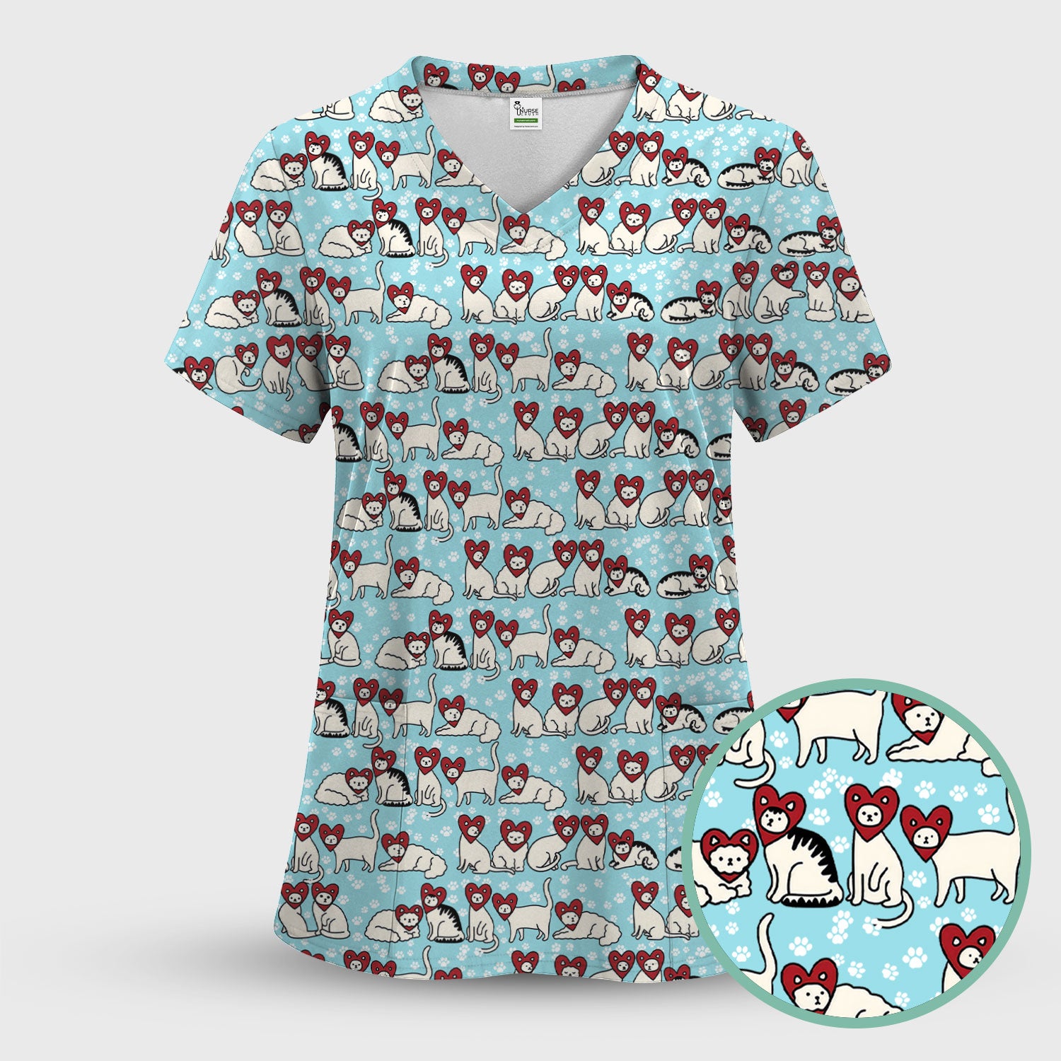 Cute Cat Heart Pattern Scrub Top, Funny Cat Scrub Shirt For Nurses, Breathable Fabrics Nursing Uniform