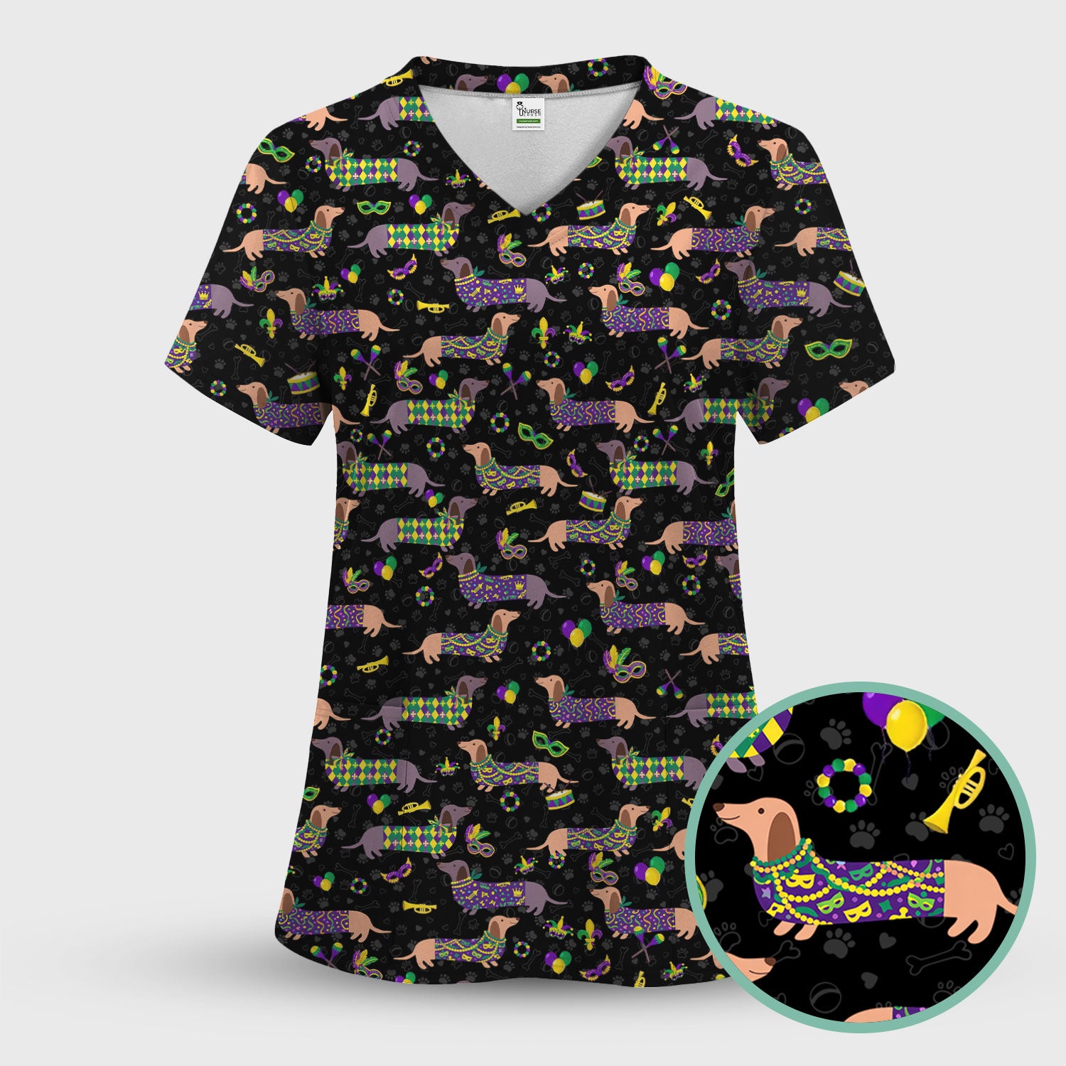 Mardi Gras Dachshund Nurse Scrub Top, Wiener Dog Holiday Pattern Nurses Shirt, Comfortable Uniform Scrubs For Nursing