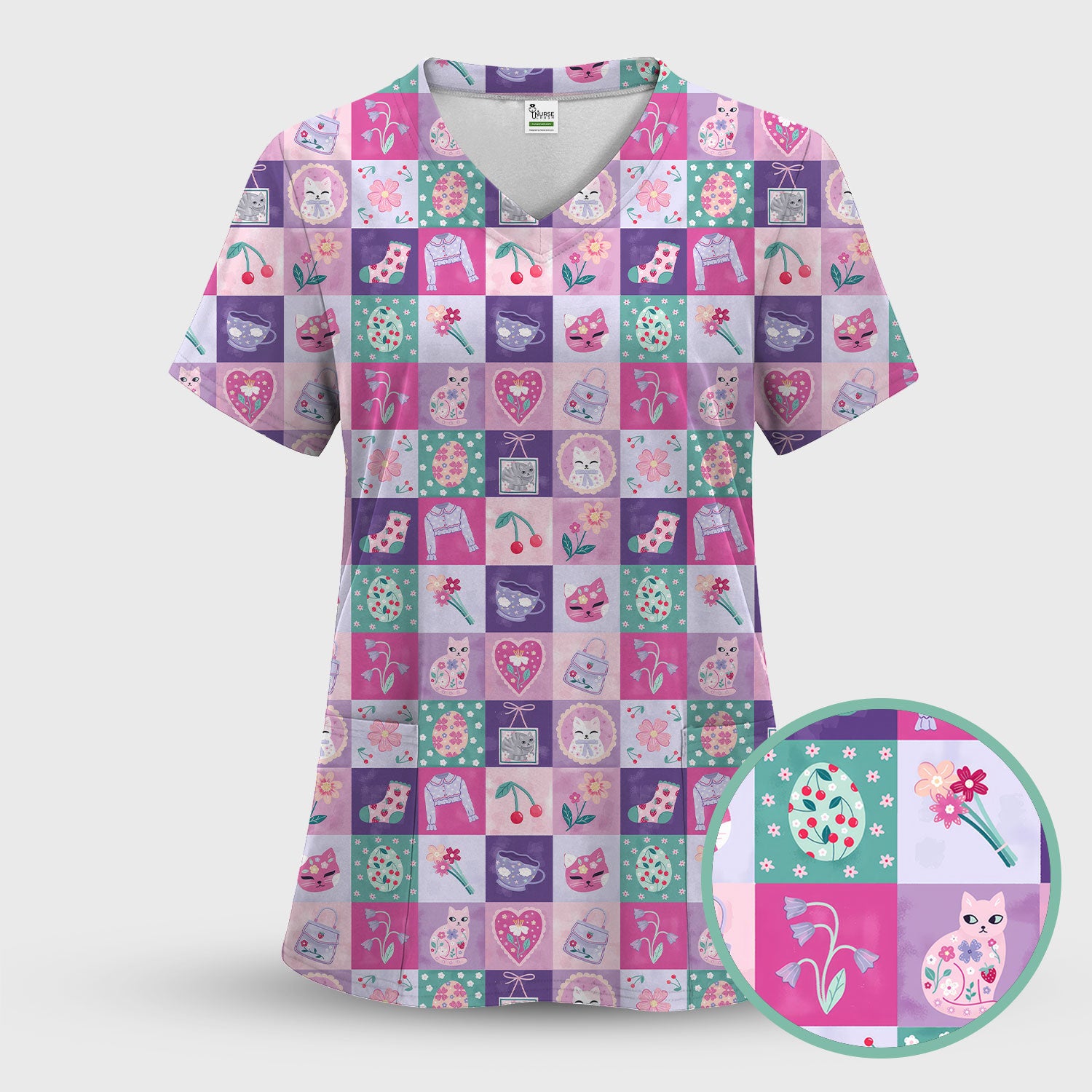 Pastel Cat Patchwork Scrub Top, Kawaii Floral Nursing Uniform