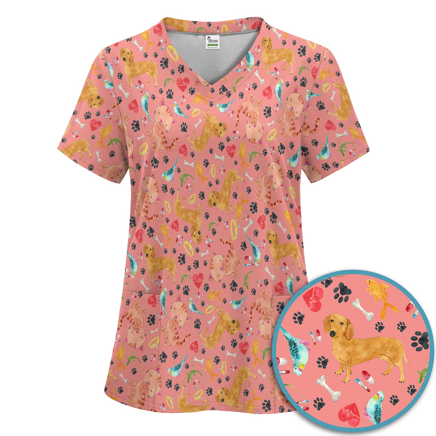 Cat Dog Veterinary Scrub Set - Cute Animal Paw Print Medical Pants and V Neck Top for Women RN CNA Vet Tech