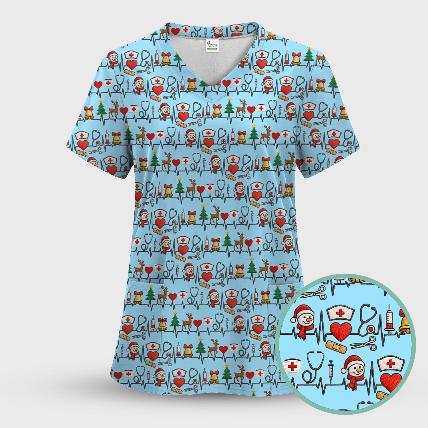 Cute Snowman Nurse Scrub Top, Christmas Holiday Medical Uniform For Nursing, Festive Heartbeat Print Nurse Shirt