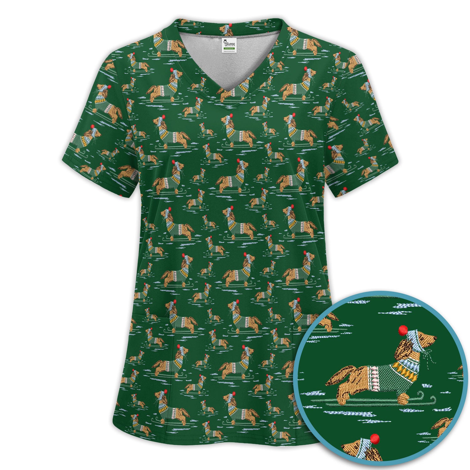 Dachshund Nurse Scrub Set, Wiener Dog Winter Pattern Shirt, Breathable Fabrics Nursing Uniform