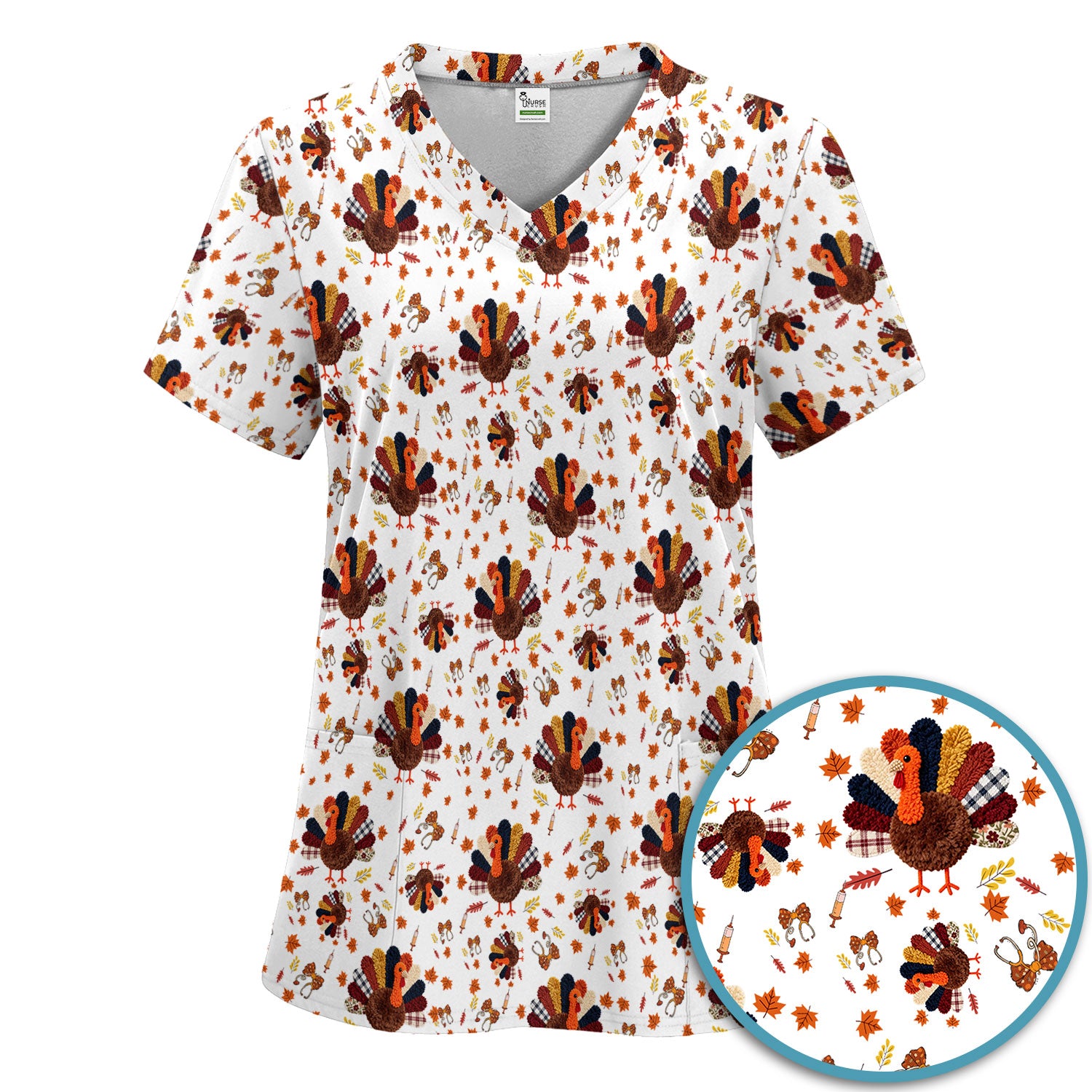 Thanksgiving Women's Scrub Sets - Funny Autumn Turkey Pants and V Neck Top - Breathable Fabrics Nursing Uniform