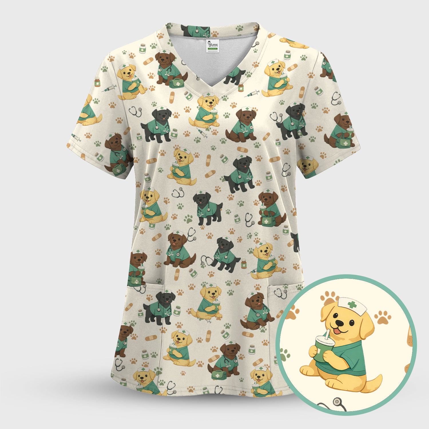 Labrador Retriever Nurse Scrub Set, Cute Medical Dog Pattern Nurses Shirt, Breathable Fabrics Nursing Uniform