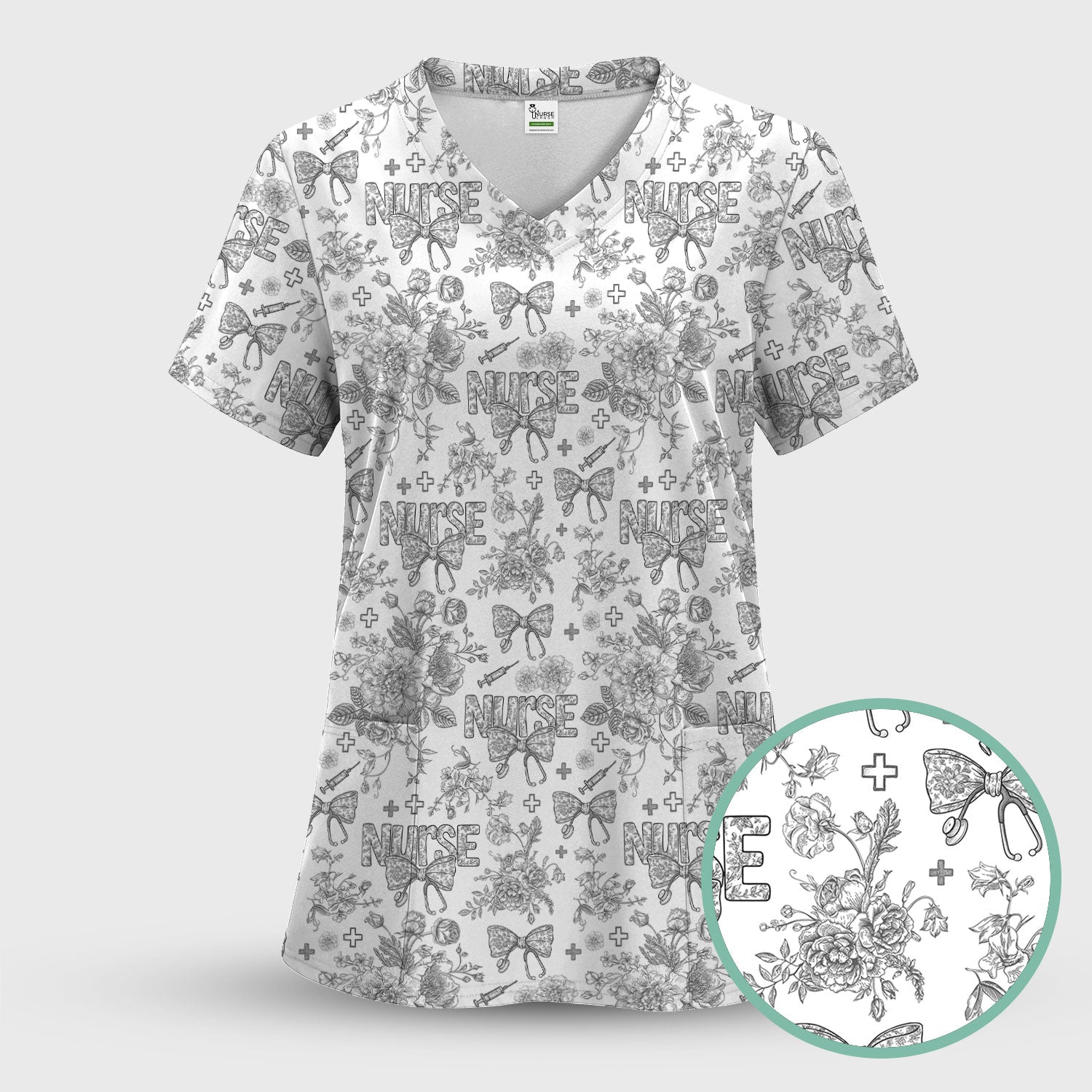 Flower Scrubs for Nurses - Toile de Jouy Style Medical Shirt - Feminine Floral Scrub Top Gift for Women in Healthcare