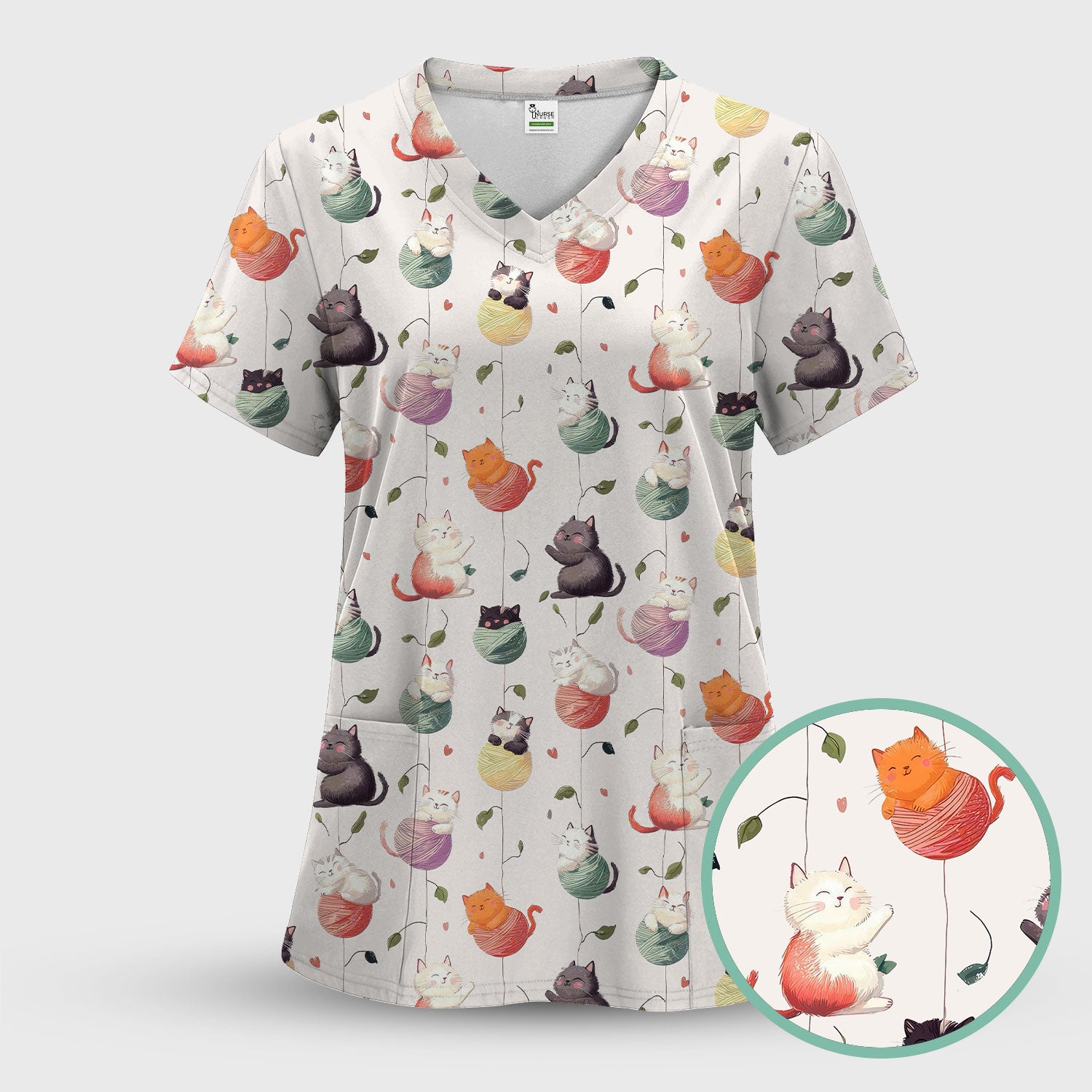 Cute Cats Playing Yarn Balls Pattern Print Scrub Top, Comfortable Scrubs for Nurses
