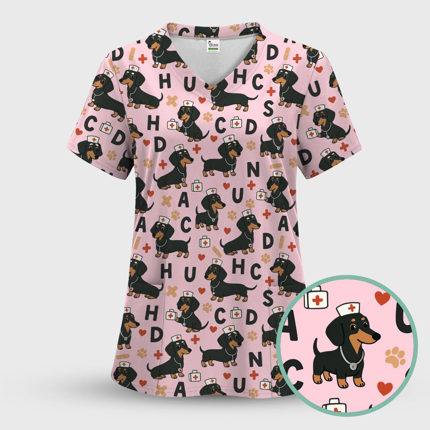 Dachshund Nurse Scrub Set for Women - Cute Sausage Dog Pattern Scrubs Top and Pants - Funny Animal Print Gift for RN LPN CNA