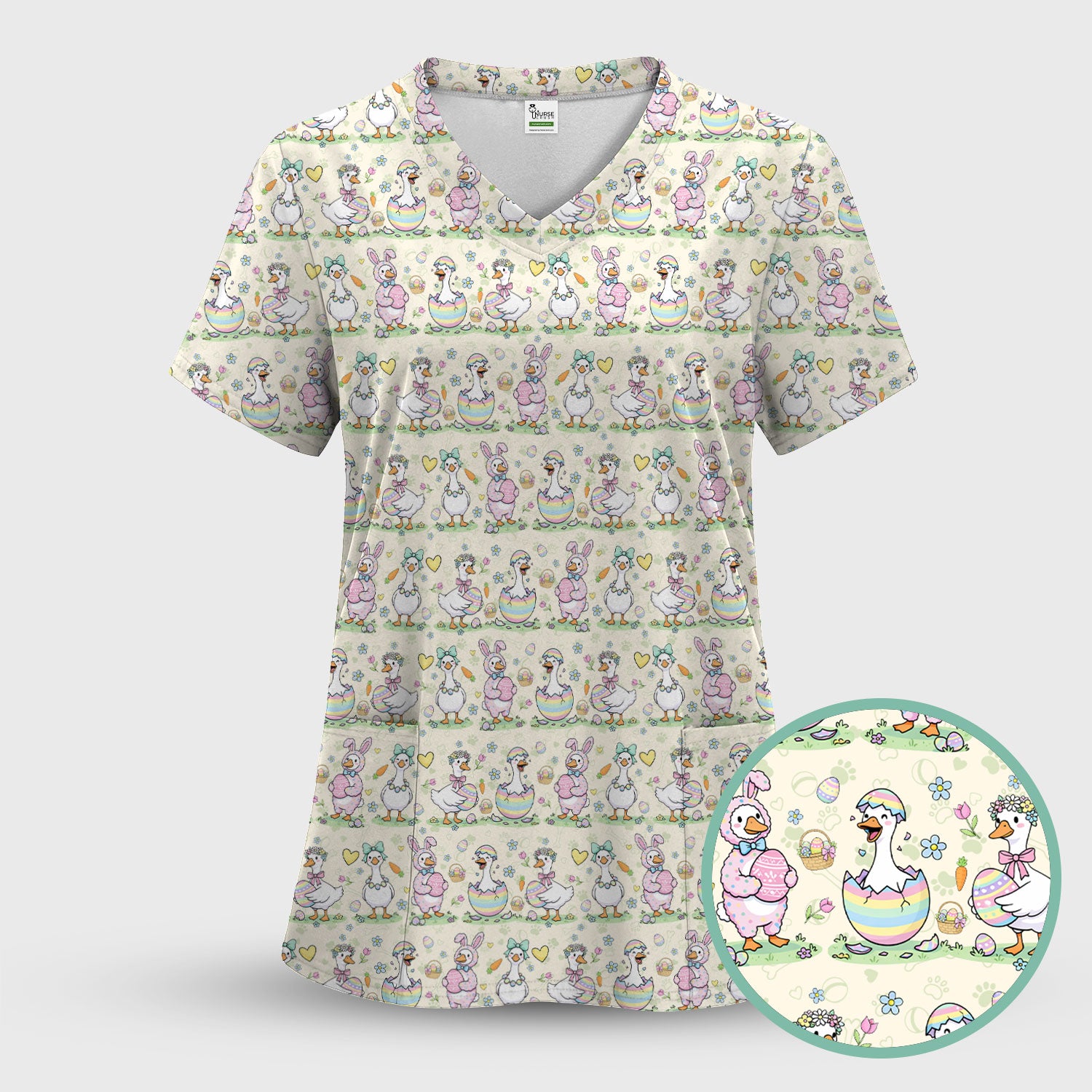 Pastel Easter Goose Bunny Egg Pattern Scrub Top, Comfortable Scrubs for Nurses