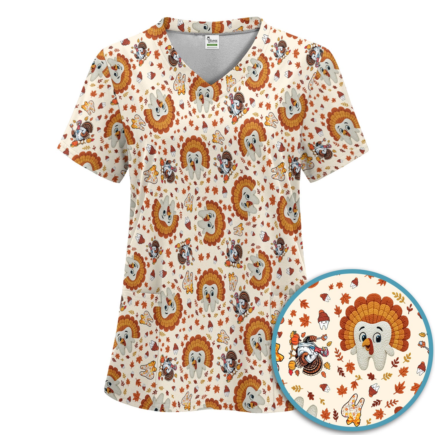 Funny Thanksgiving Tooth Scrub Set - Cute Turkey Dental Scrubs Pants and V Neck Top - Fall Medical Uniform for Hygienists & Nurses