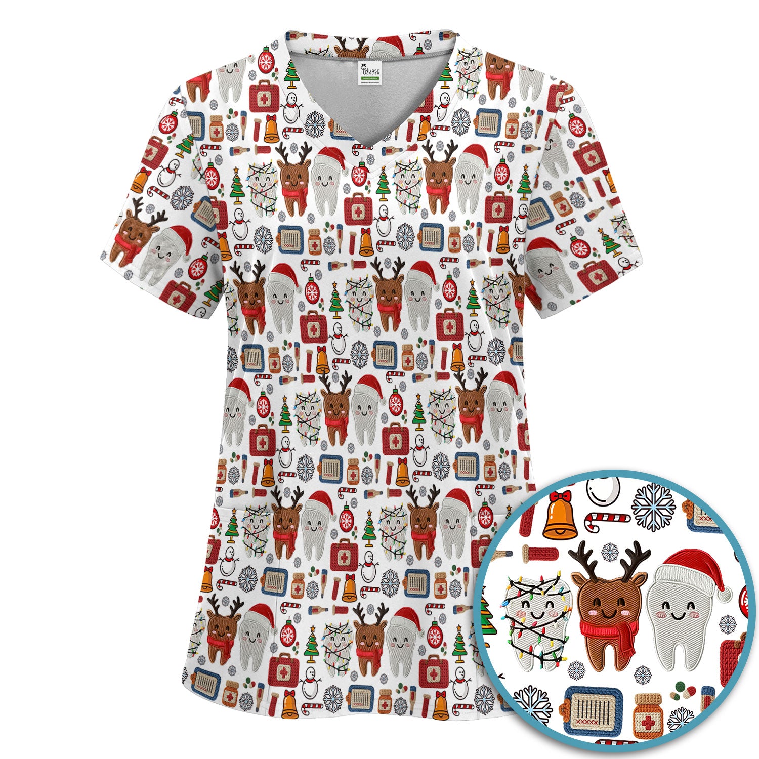 Christmas Dental Scrub Set - Cute Santa & Reindeer Tooth Pants and V Neck Top - Funny Gift for Dentists, Hygienists, Nurses