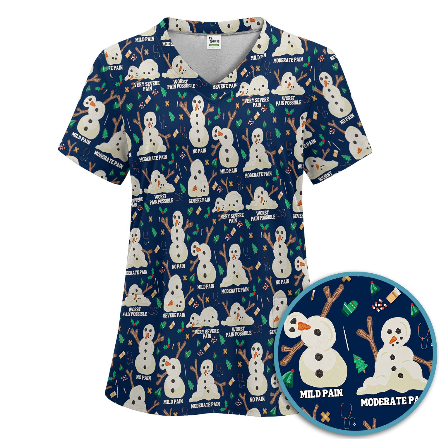 Funny Snowman Pain Scale Scrub Set for Nurse - Christmas Medical Pants and V Neck Top for Women RN LPN CNA