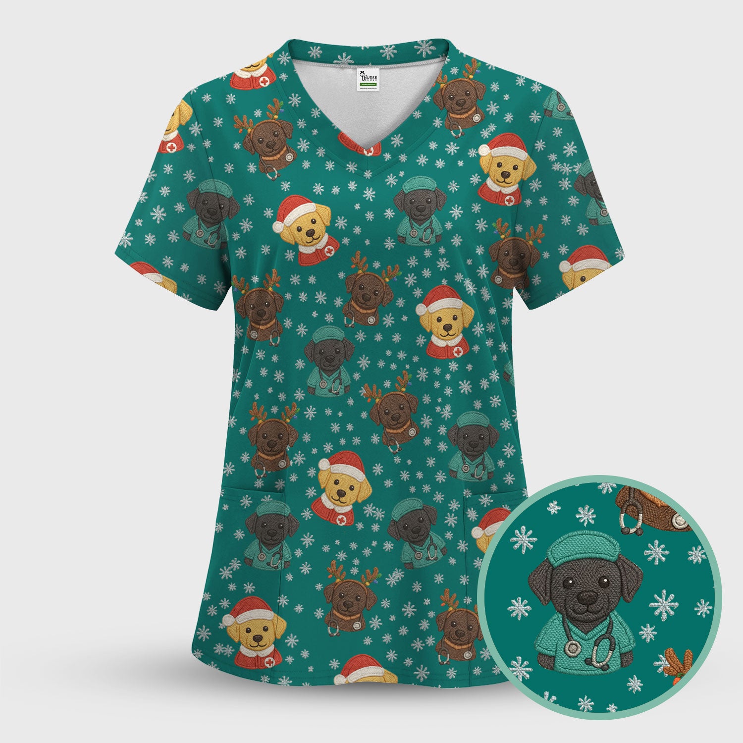 Christmas Dog Pattern Scrub Top, Cute Puppy Nurse Scrub Shirt, Holiday Nursing Uniform