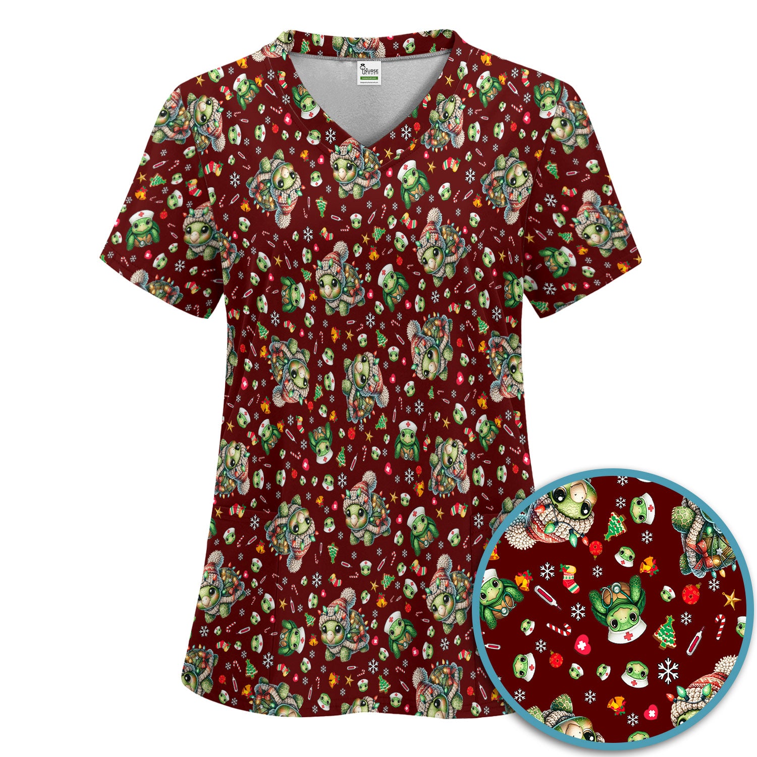 Christmas Turtle Scrub Set - Cute Funny Nurse Pants and V Neck Top - Holiday Medical Uniform for Women