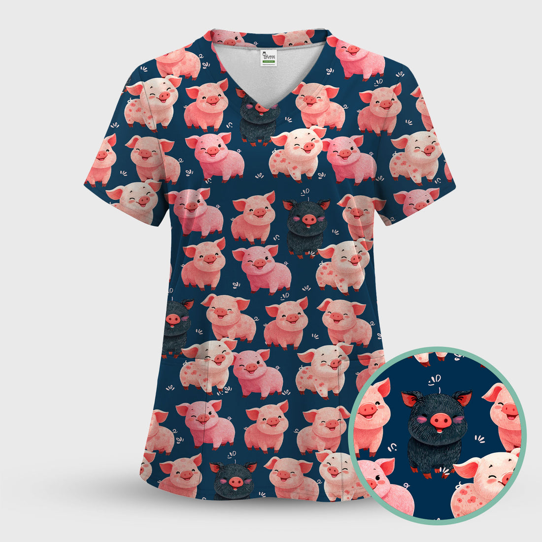 Funny Farm Pig Cartoon Pattern Scrub Set, Nurse Uniform Scrubs Set
