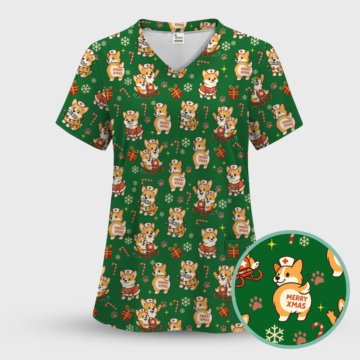 Cute Corgi Dog Scrubs for Christmas - Festive Puppy Pattern Medical Scrub Top - Holiday Christmas Scrubs with Charming Corgi Print