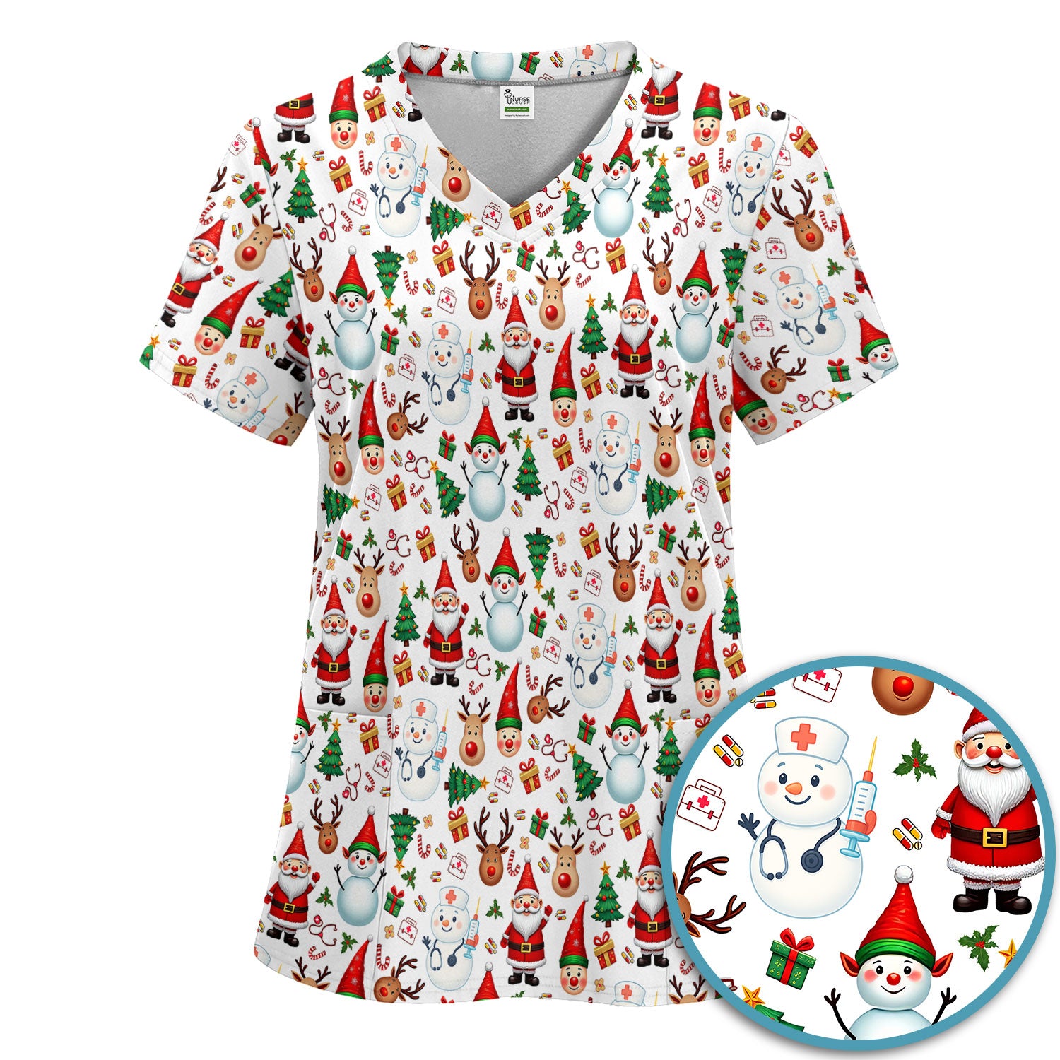 Christmas Scrub Set for Nurses - Cute Snowman Reindeer Santa Pattern - Holiday Medical Uniform RN CNA LPN Gift