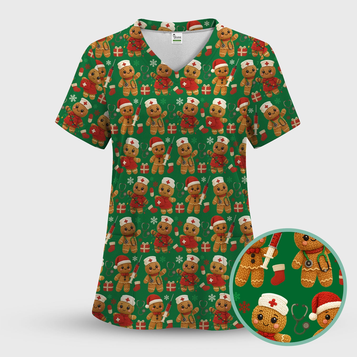 Christmas Scrub Tops for Women - Cute Gingerbread Nurse Pattern Medical Scrub Shirt - Festive Holiday Christmas Scrubs with Adorable Design