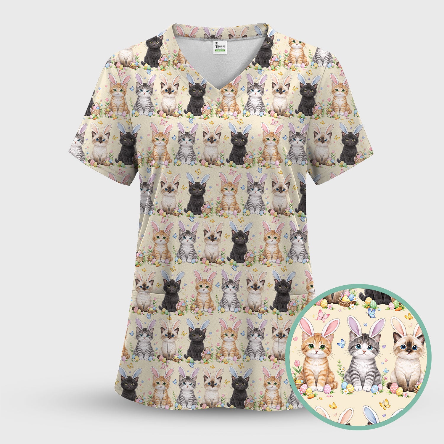 Easter Kitten Bunny Ears Pattern Scrub Top, Comfortable Scrubs for Nurses