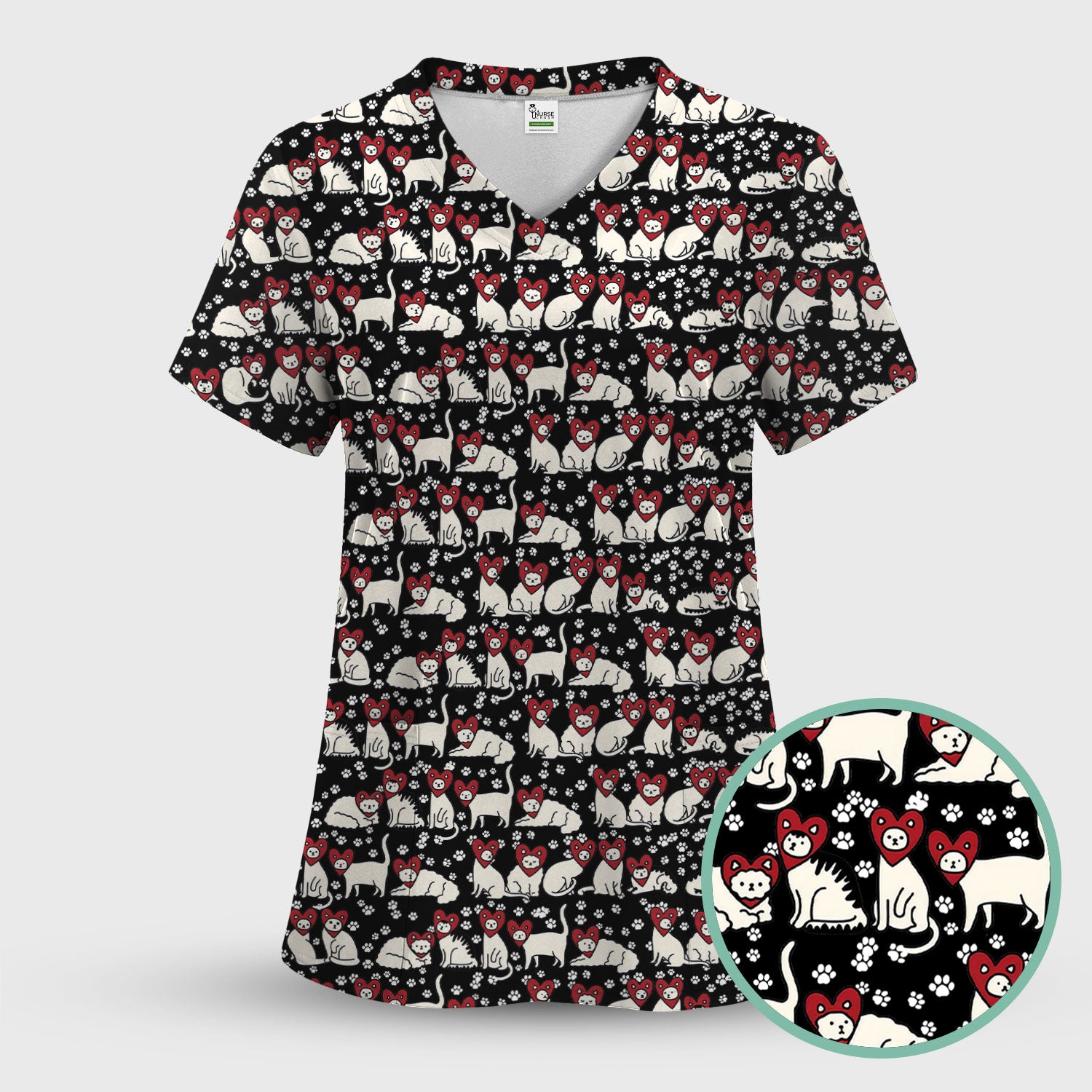 Cute Cat Heart Pattern Scrub Top, Funny Cat Scrub Shirt For Nurses, Breathable Fabrics Nursing Uniform