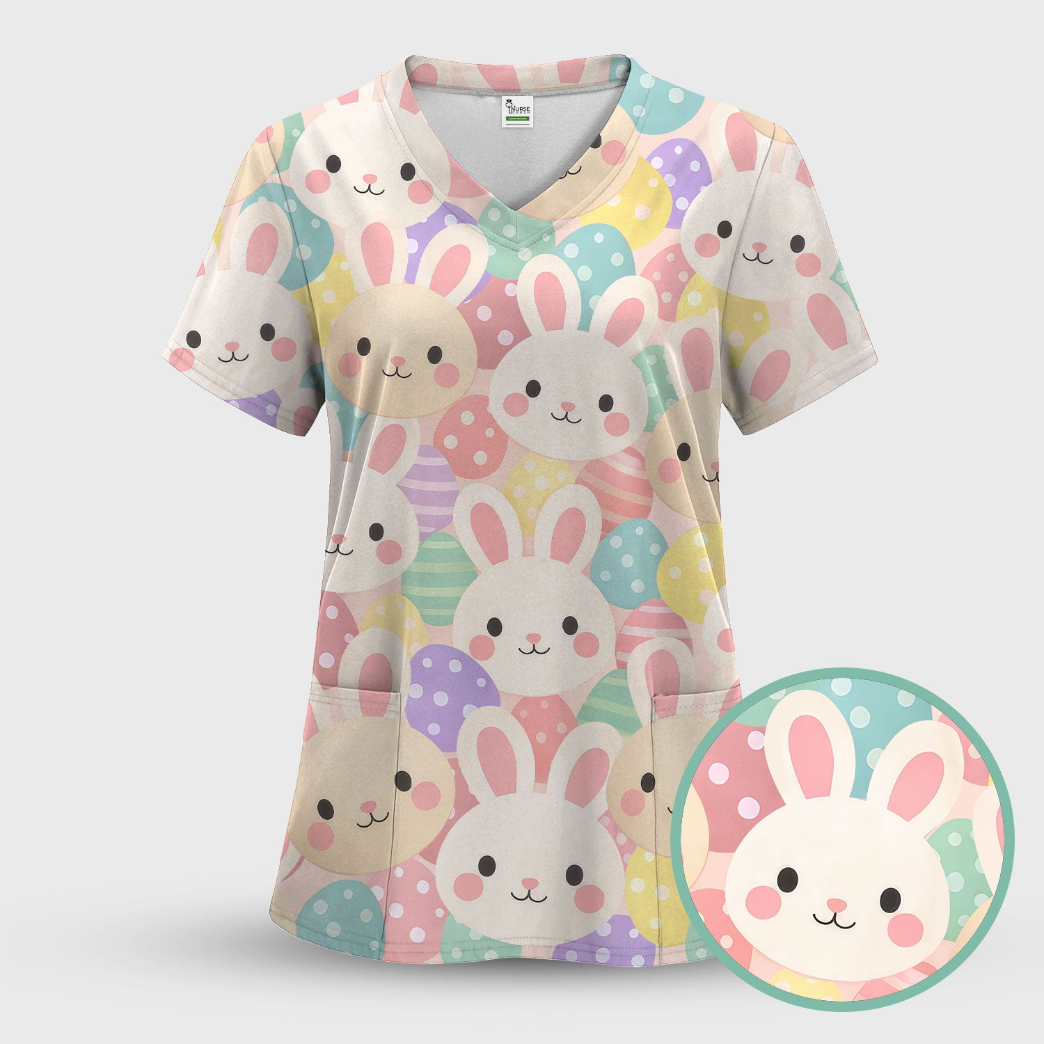 Pastel Bunny Faces Easter Eggs Pattern Scrubs Top, Comfortable Scrubs for Nurses