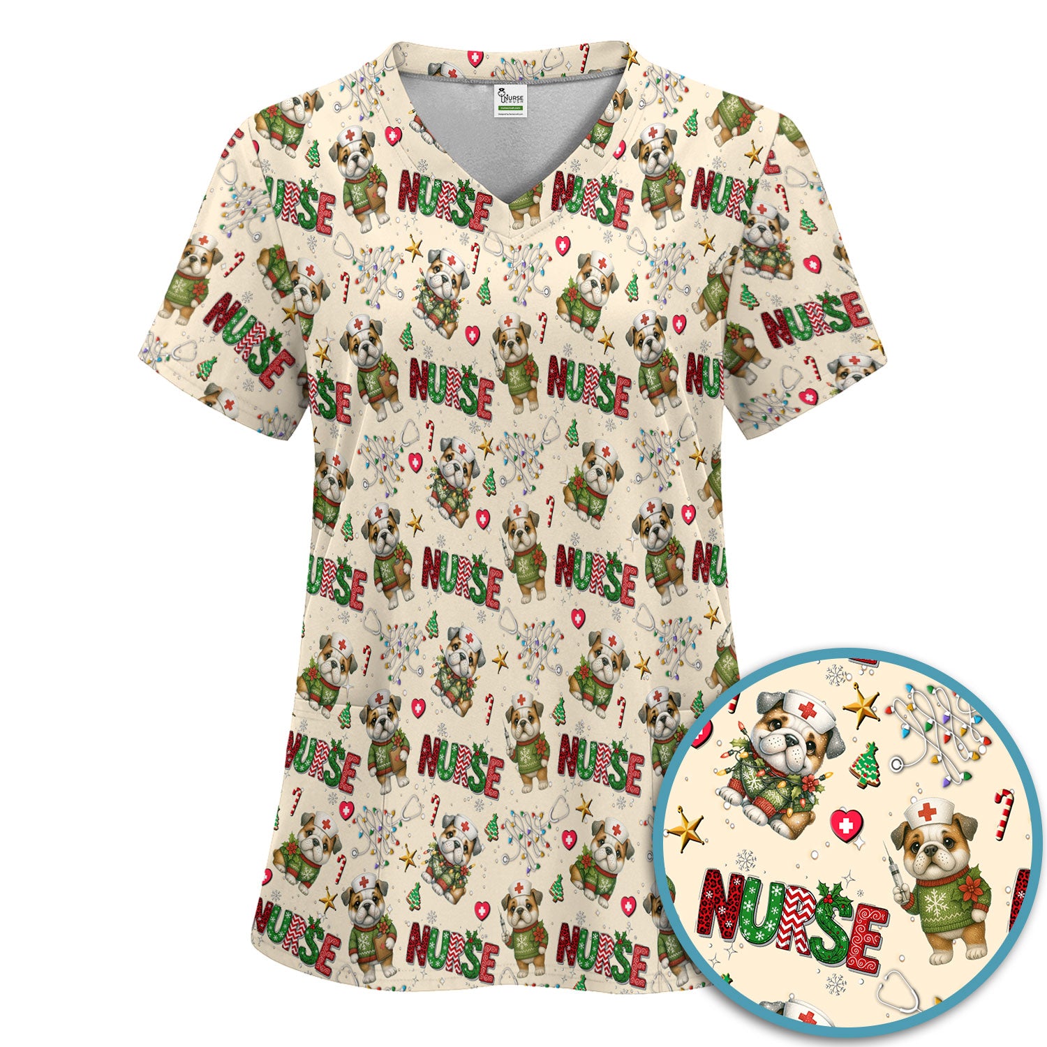 Bulldog Christmas Nurse Scrub Set - Funny Dog Scrubs Pants and V Neck Top - Cute Holiday Medical Uniform