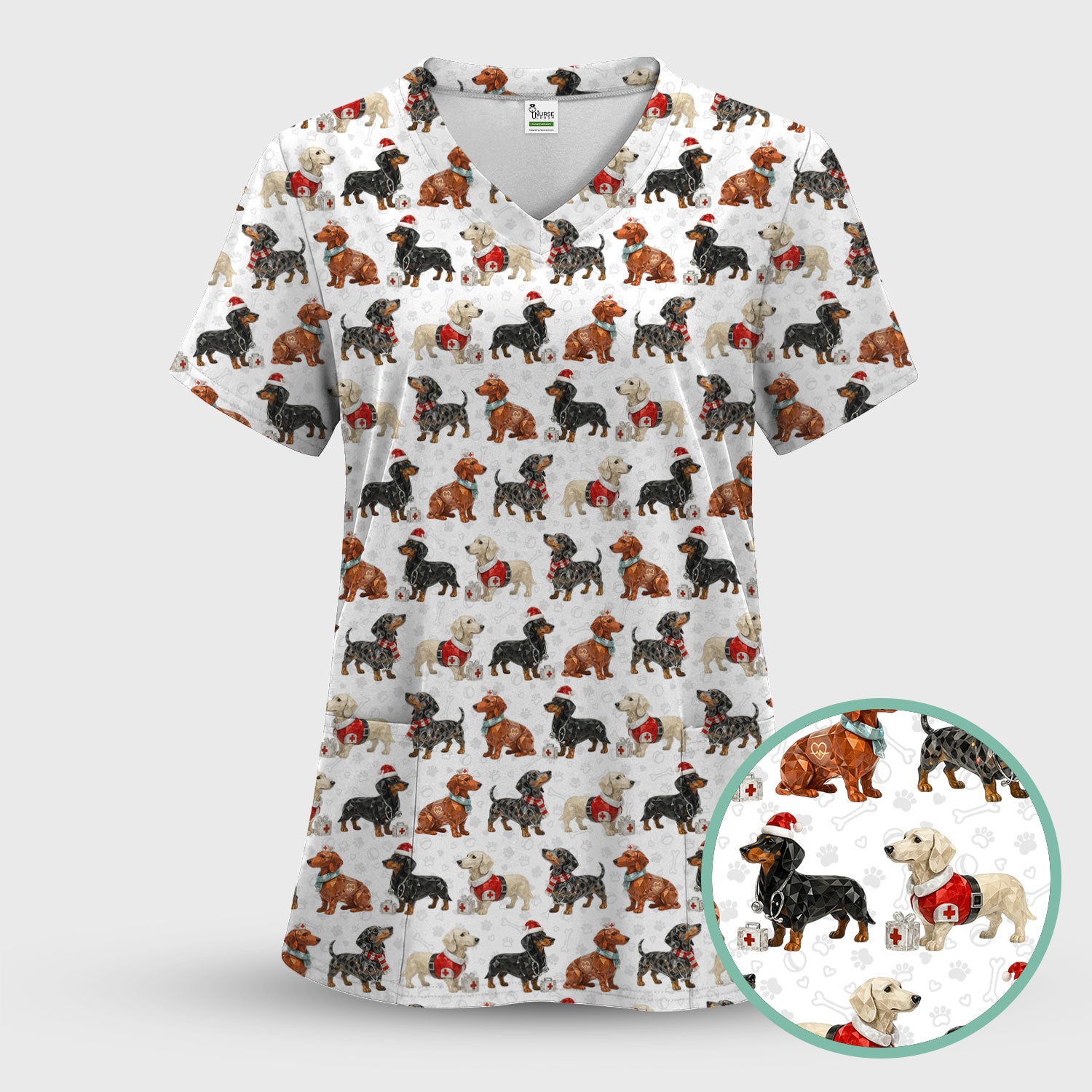 Funny Dachshund Christmas Dog Nurse Scrub Top, Holiday Puppy Medical Uniform Shirt For Nursing
