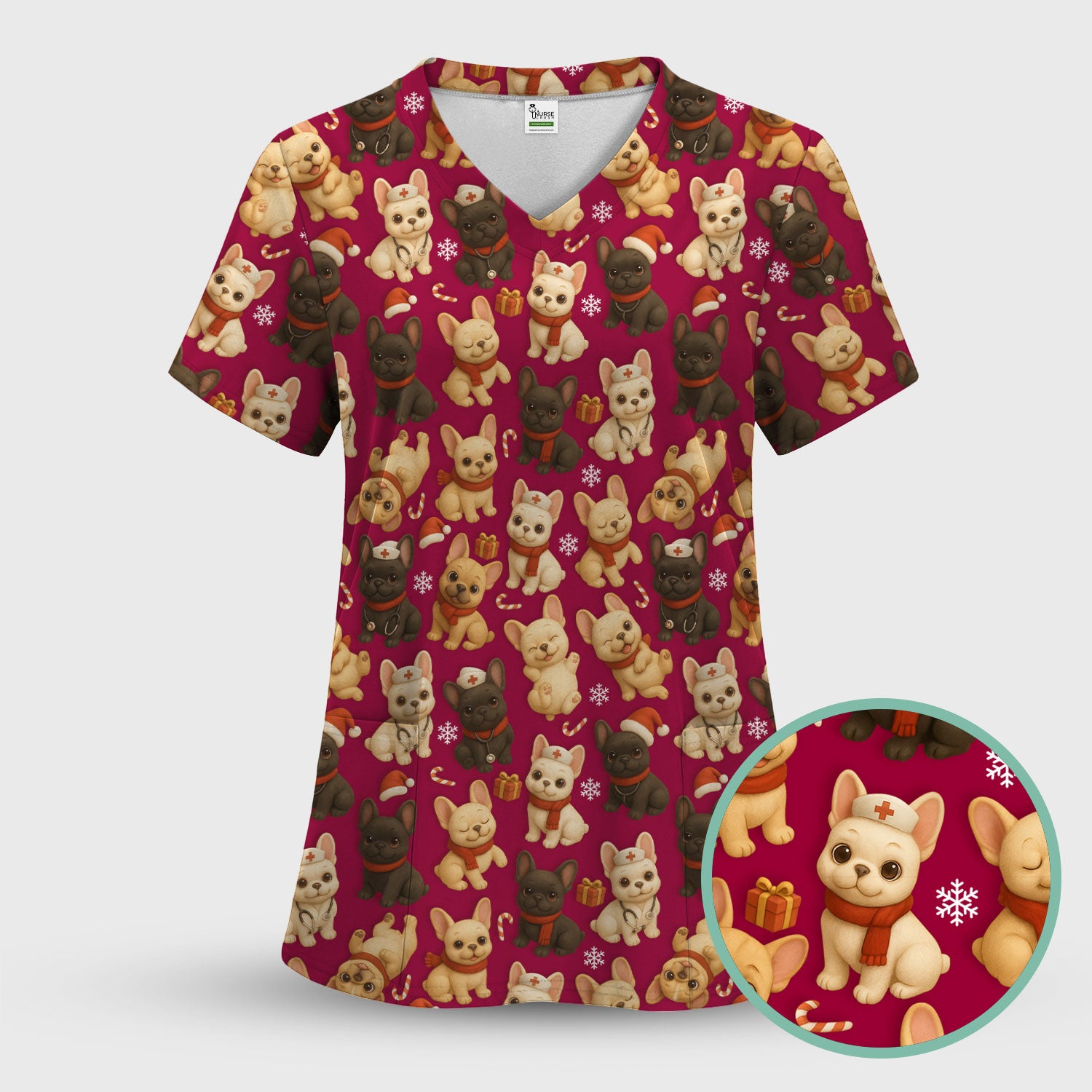 Christmas Dog Scrubs for Women - Cute French Bulldog Pattern Medical Scrub Top - Festive Holiday Nurse Scrubs with Adorable Puppy Design