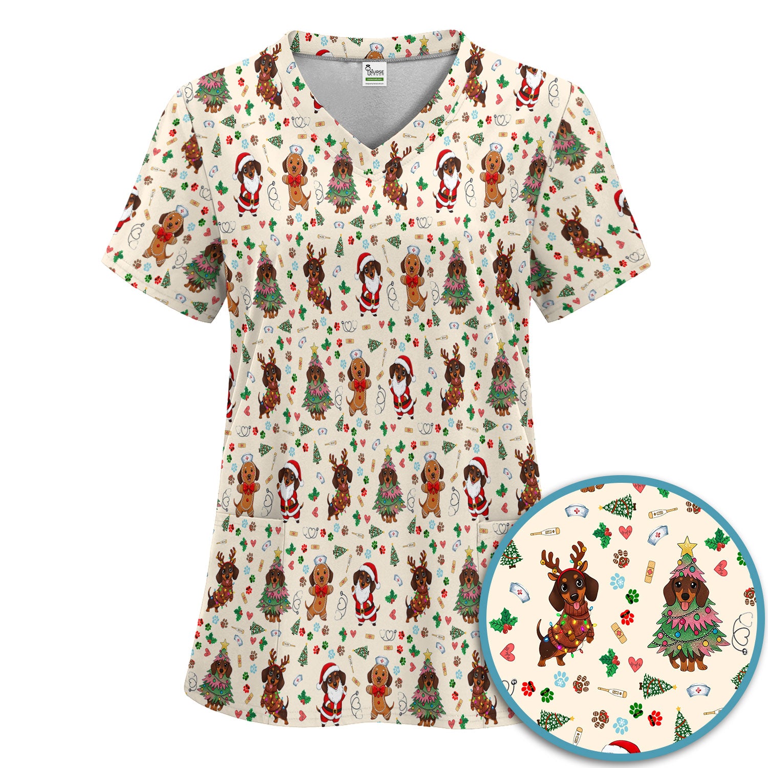 Wiener Dog Christmas Scrub Set – Funny Dachshund Pattern Medical Shirt – Festive Holiday Uniform for RN, LPN, CNA, and Vet Techs