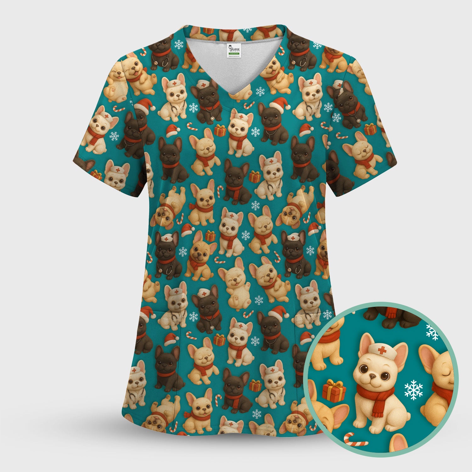 French Bulldog Scrubs Christmas Top for Nurses - Cute Holiday Dog Pattern with Gifts, Candy Canes & Nurse Icons - Festive Christmas Scrubs Shirt for Women
