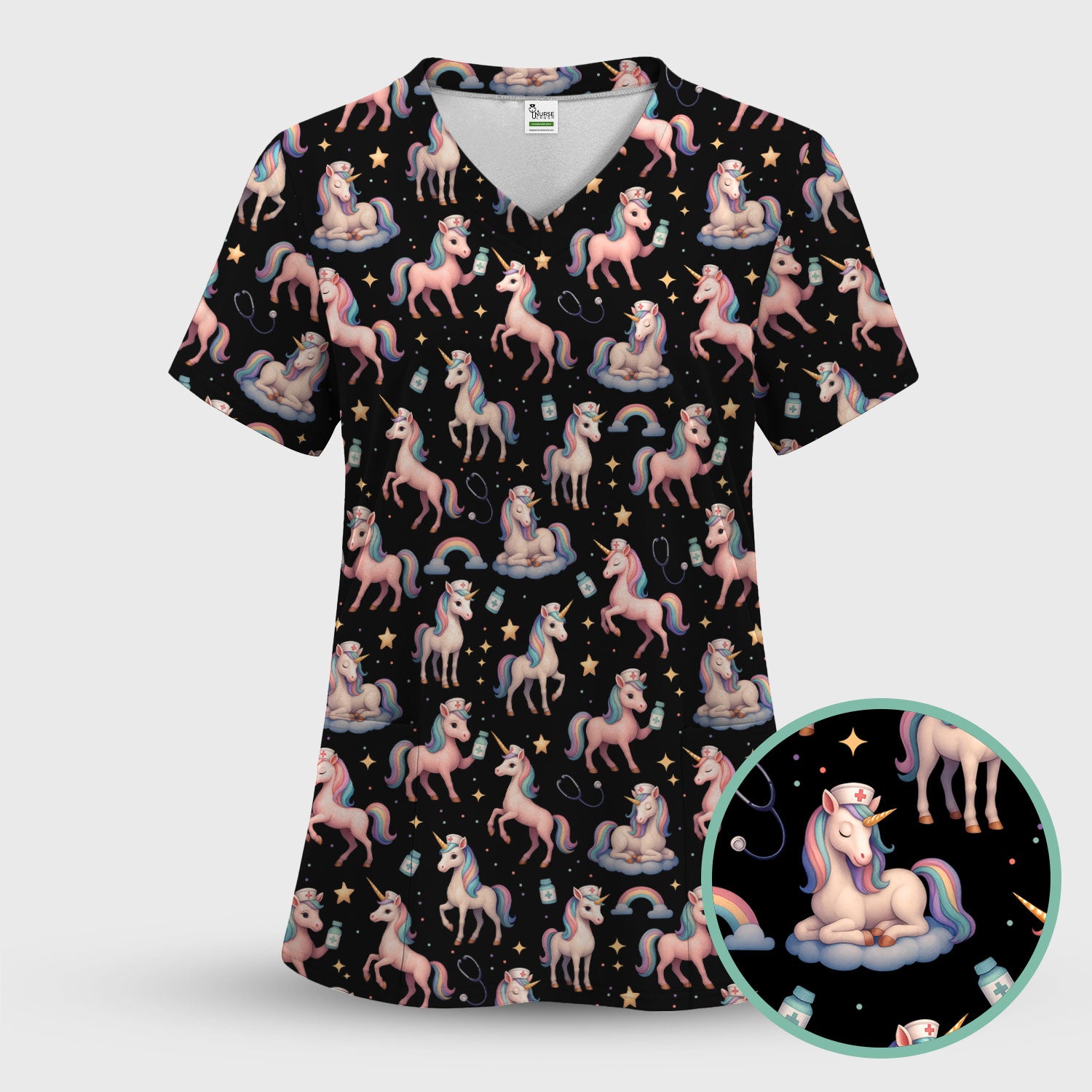 Unicorn Pattern Nurse Scrub Top - Pastel Rainbow Medical Shirt - Cute Fantasy Scrubs Gift for RN LPN CNA Healthcare Staff