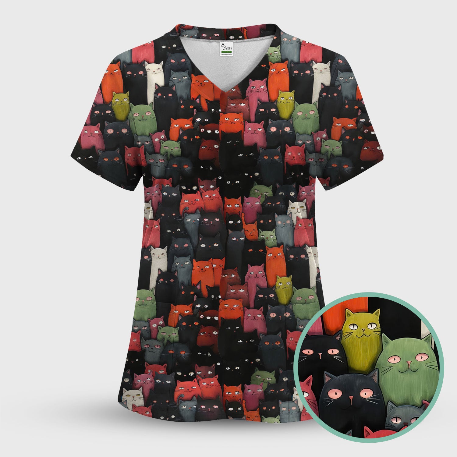 Cat Pattern Nurse Scrub Top, Artistic Cat Nurses Shirt For Women, Breathable Fabrics Nursing Uniform