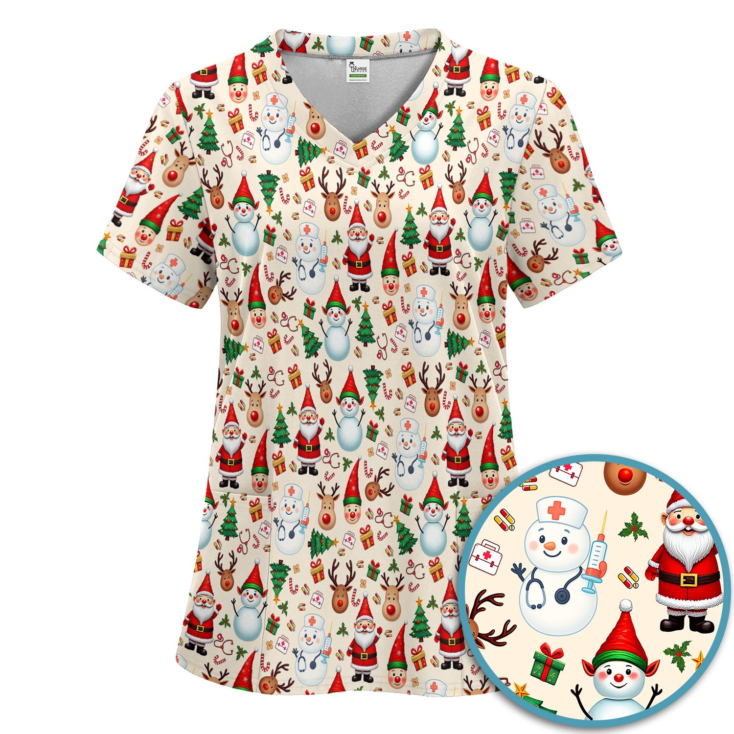 Christmas Scrub Set for Nurses - Cute Snowman Reindeer Santa Pattern - Holiday Medical Uniform RN CNA LPN Gift