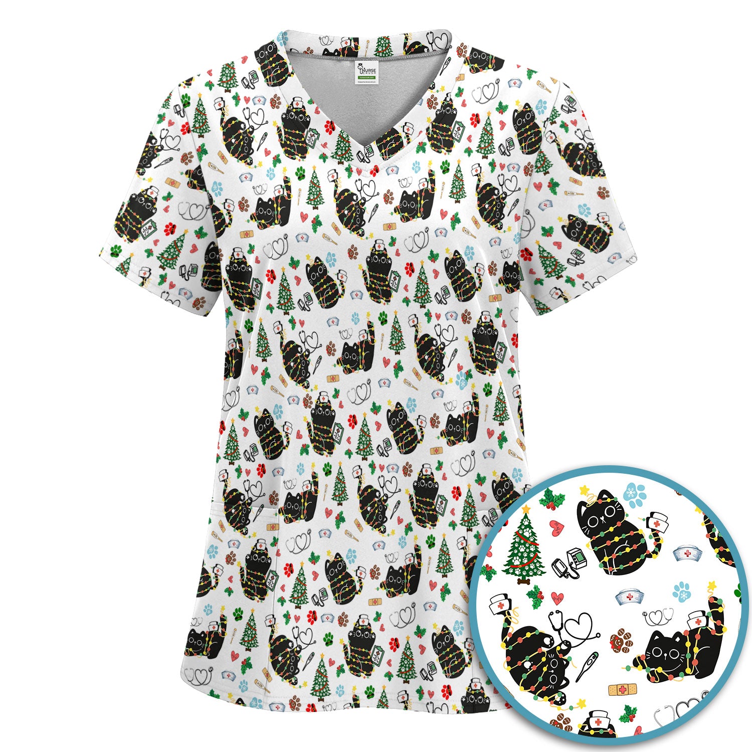 Funny Black Cat Christmas Scrub Set – Cute Holiday Kitty Pattern – Festive Medical Uniform for Nurses, Vets, and Cat Lovers