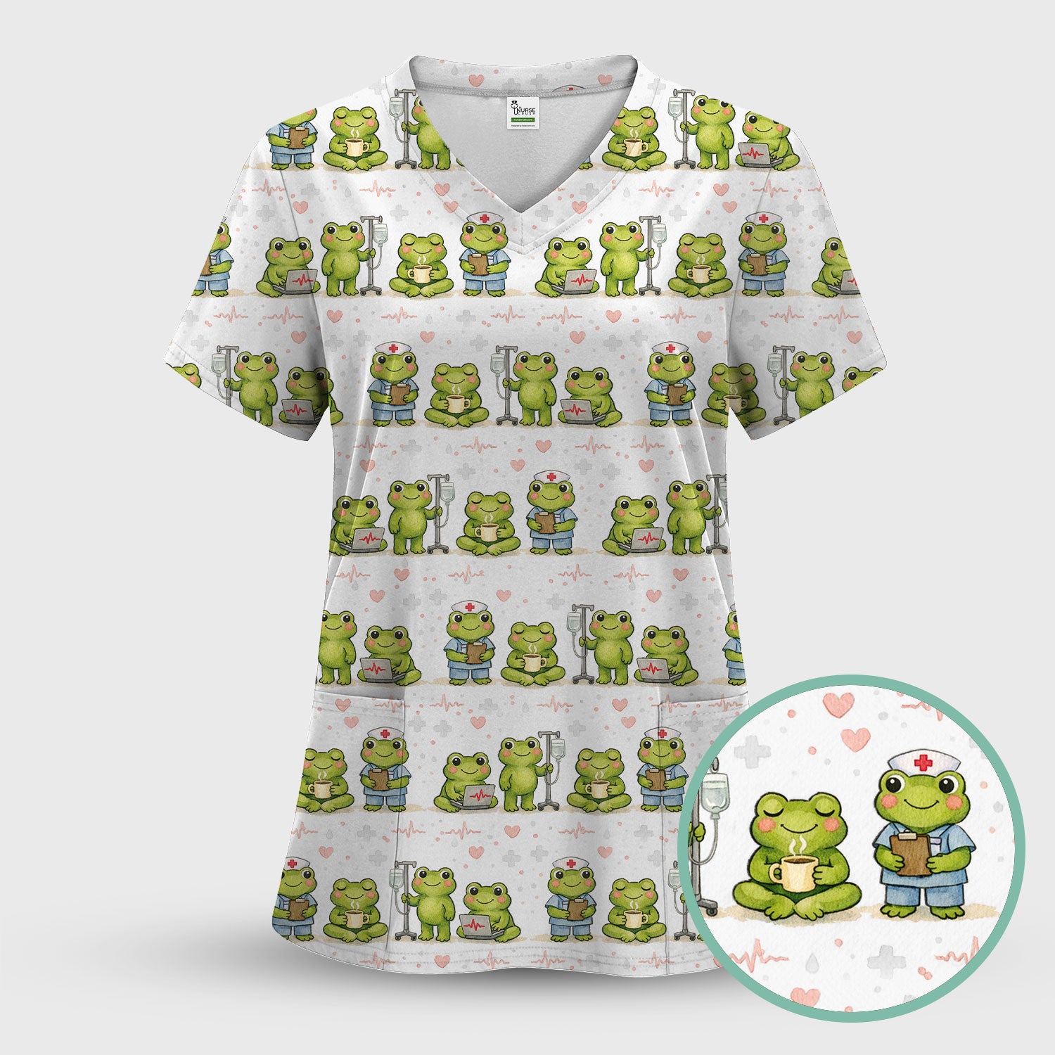 Adorable Frog Nurse Various Poses Print Scrub Top, Comfortable Scrubs for Nurses