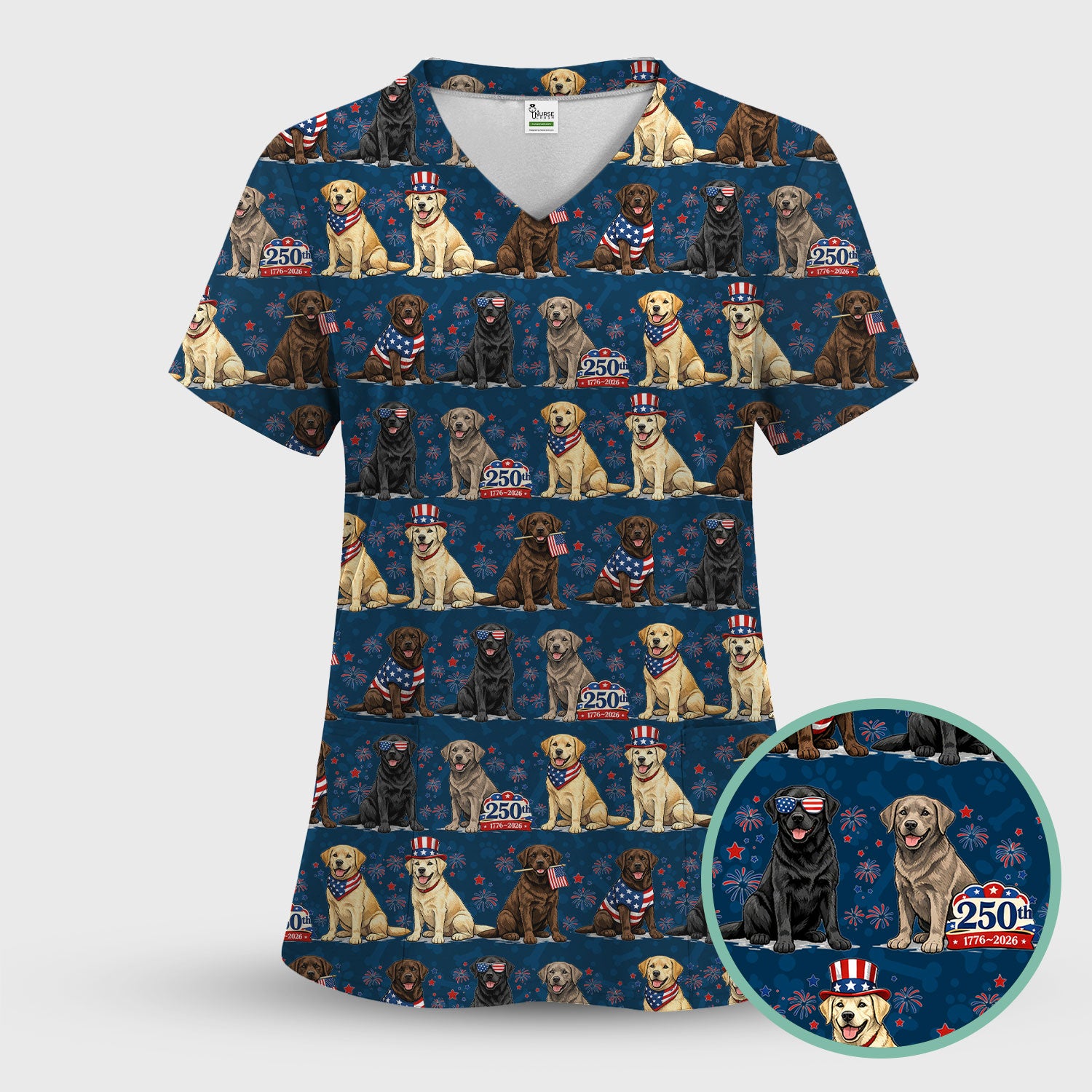 4th of July Labrador Dog Patriotic Print Scrub Set, Scrub Pants and V Neck Top