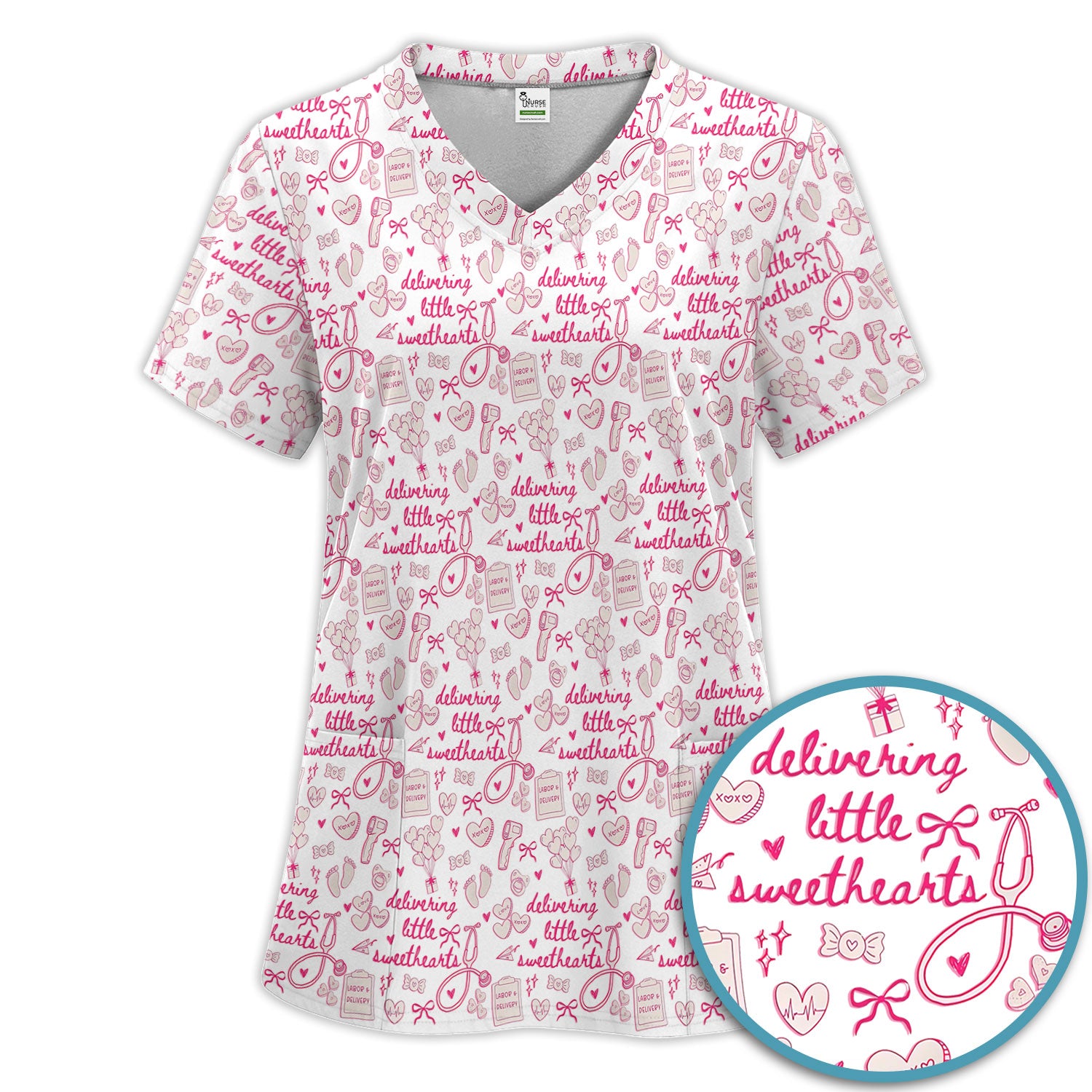 Valentine Labor And Delivery Scrub Set, XOXO Pattern Scrub Shirt, Breathable Fabrics Nursing Uniform For Women