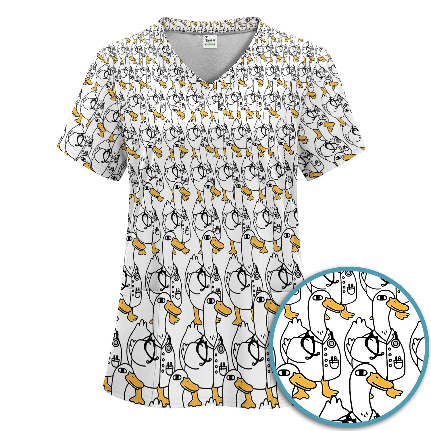 Funny Duck Scrub Set for Women - I'm a Doctor Scrubs Pants and V Neck Top - Cute Duck In The Row - Comfortable Nursing Uniform