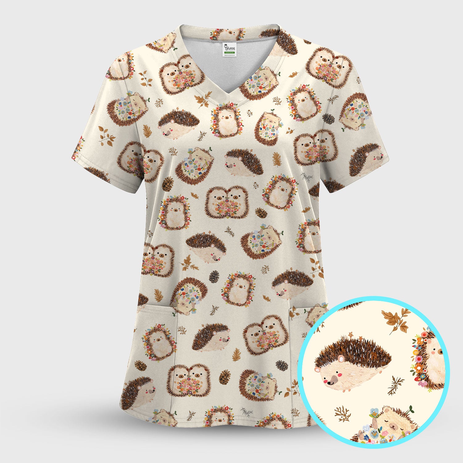 Cute Hedgehog Floral Scrub Set, Breathable Med Uniform