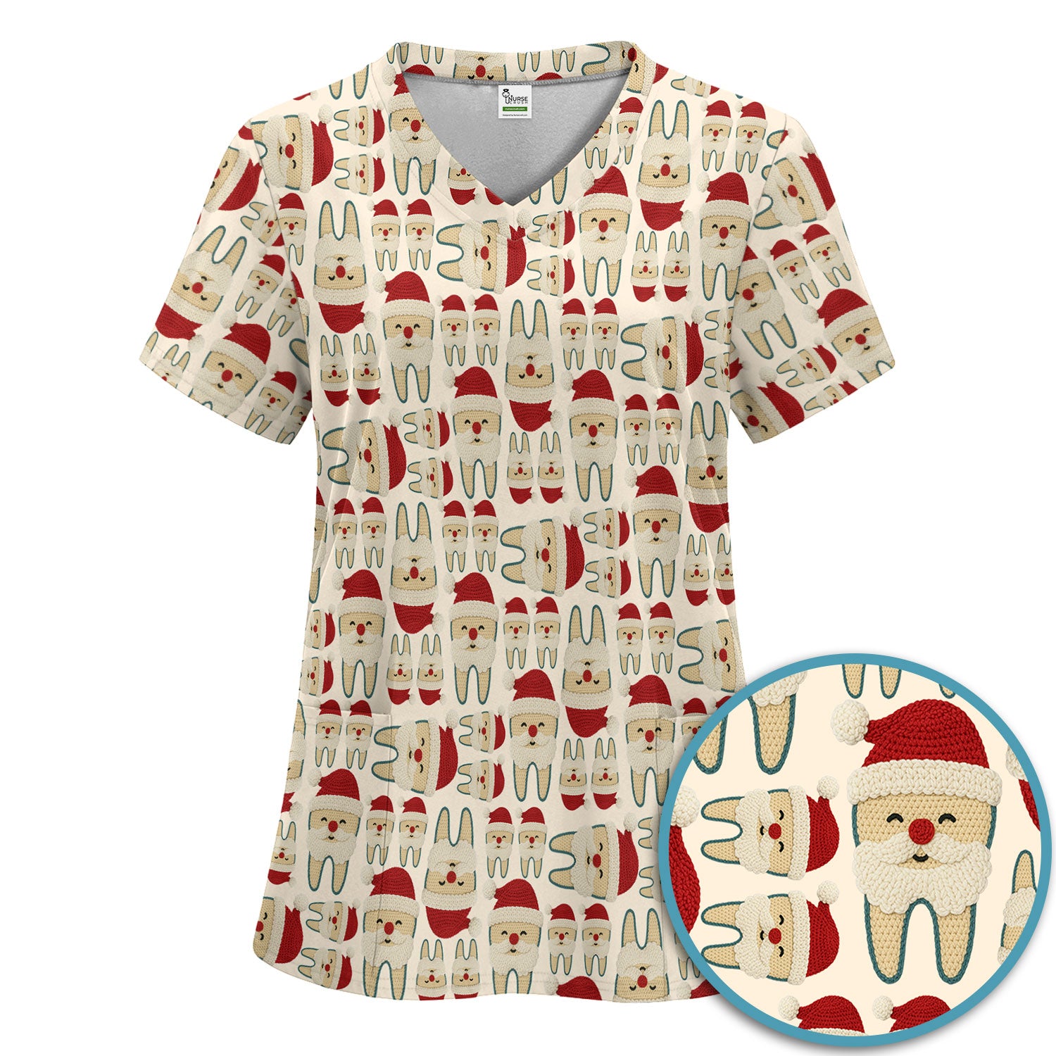 Christmas Tooth Scrub Set - Cute Santa Tooth Pattern for Dentists & Hygienists - Crochet Style Holiday Medical Uniform for Women