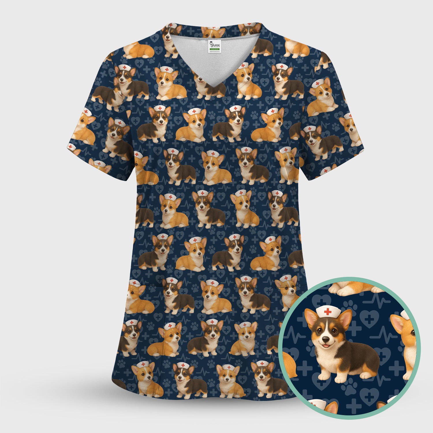 Christmas Corgi Scrubs for Women - Cute Dog Pattern Medical Scrub Top - Festive Holiday Christmas Scrubs with Adorable Corgi Design