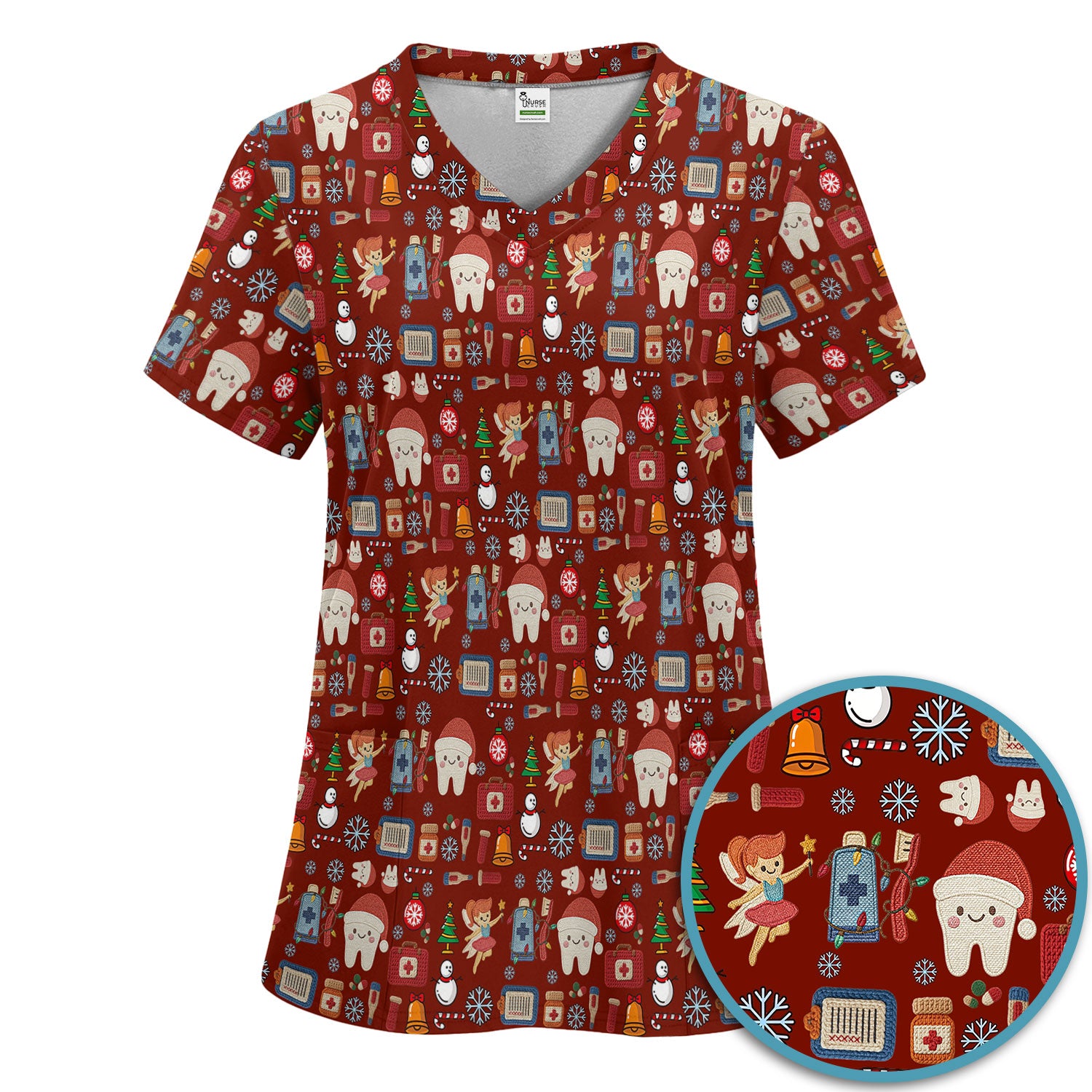Christmas Dental Scrub Set - Cute Santa Tooth & Snowman Scrubs Pants and V Neck Top - Funny Holiday Gift for Dentists, Hygienists