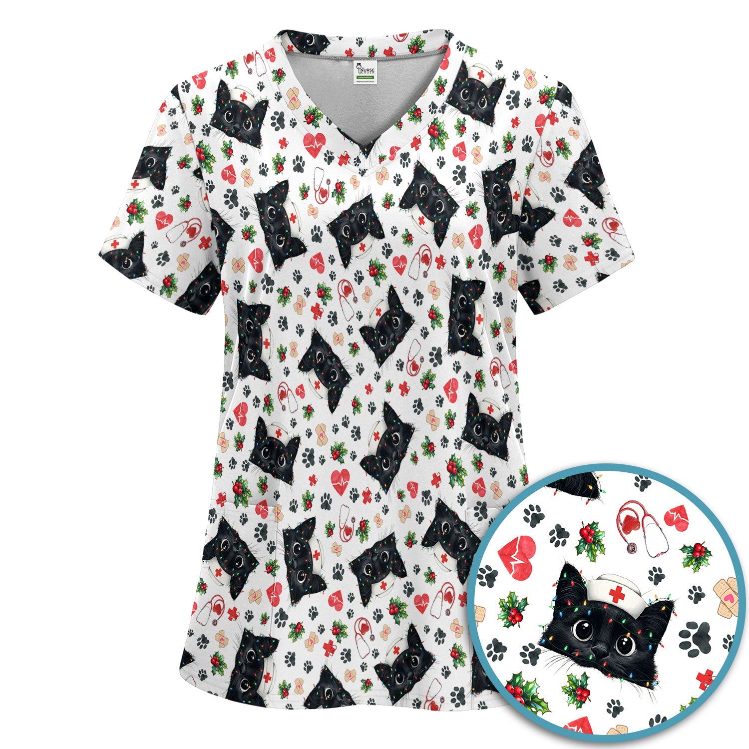 Black Cats Comfortable Scrubs for Nurses - Cute Kittens Christmas Scrubs Pants and V Neck Top - Breathable Med Uniform Gift for Women