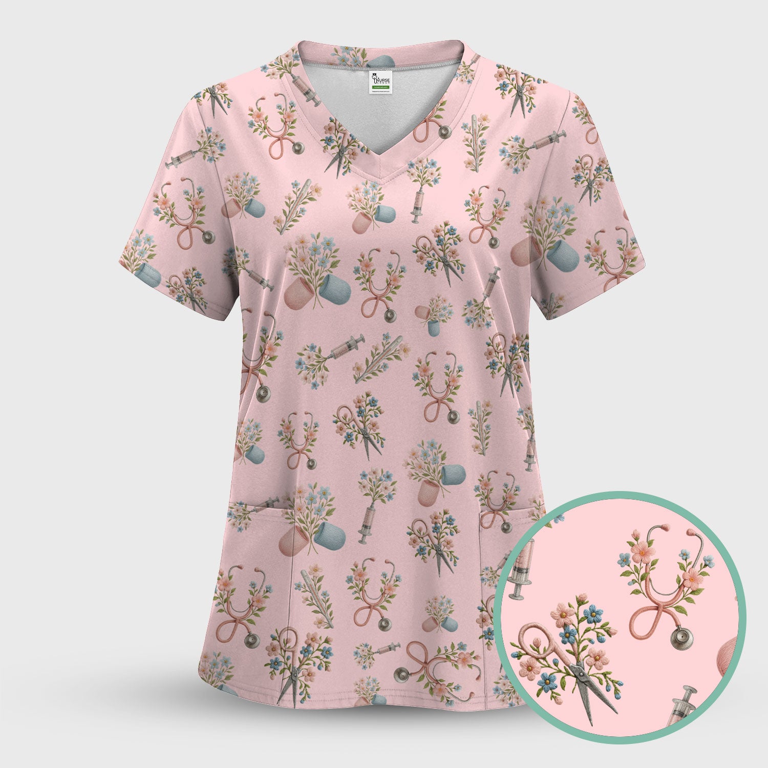 Floral Medical Scrub Set, Elegant Stethoscope With Flower Nursing Shirt, Breathable Fabrics Nurse Uniform