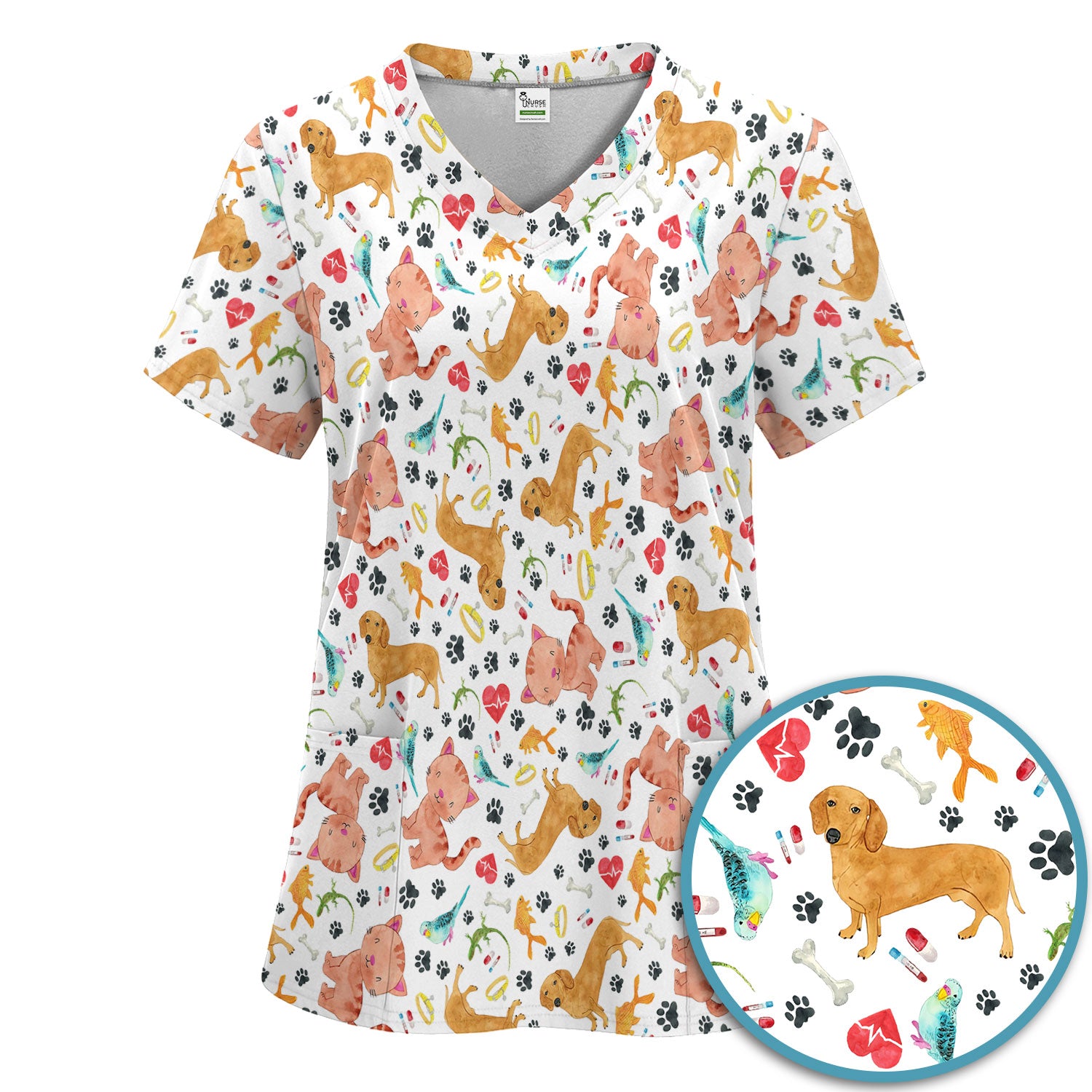 Cat Dog Veterinary Scrub Set - Cute Animal Paw Print Medical Pants and V Neck Top for Women RN CNA Vet Tech