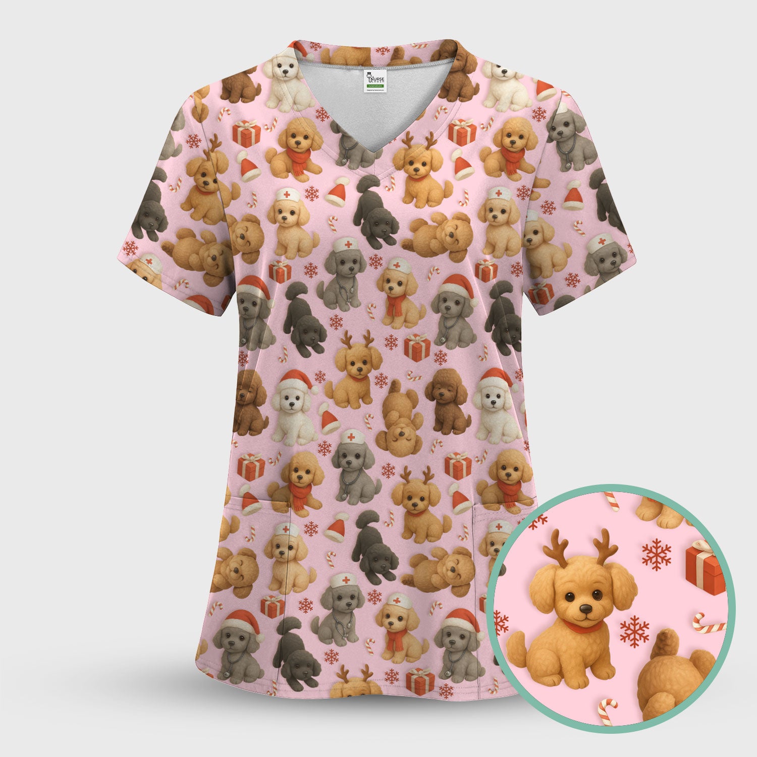 Christmas Poodle Scrubs Set for Women - Cute Dog Pattern Scrub Top & Pants - Festive Holiday Christmas Scrubs with Adorable Poodle Design