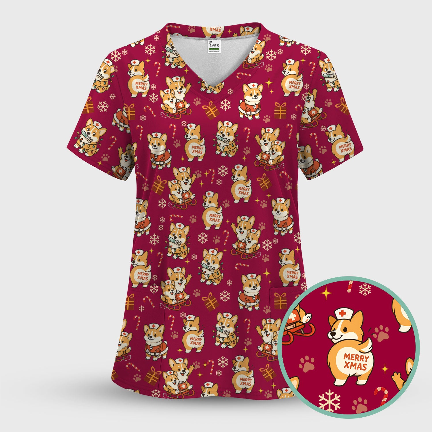 Cute Corgi Dog Scrubs for Christmas - Festive Puppy Pattern Medical Scrub Top - Holiday Christmas Scrubs with Charming Corgi Print