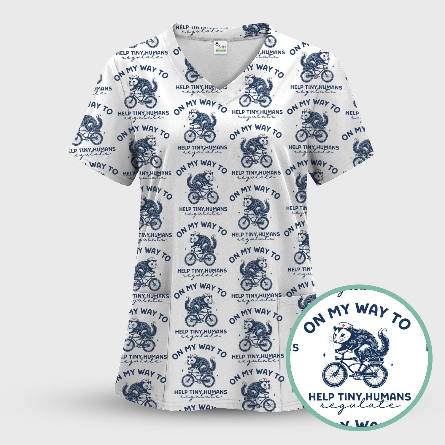 Featuring Biking Opossum With Funny Quote Print Scrub Top, Breathable Fabrics Nursing Uniform