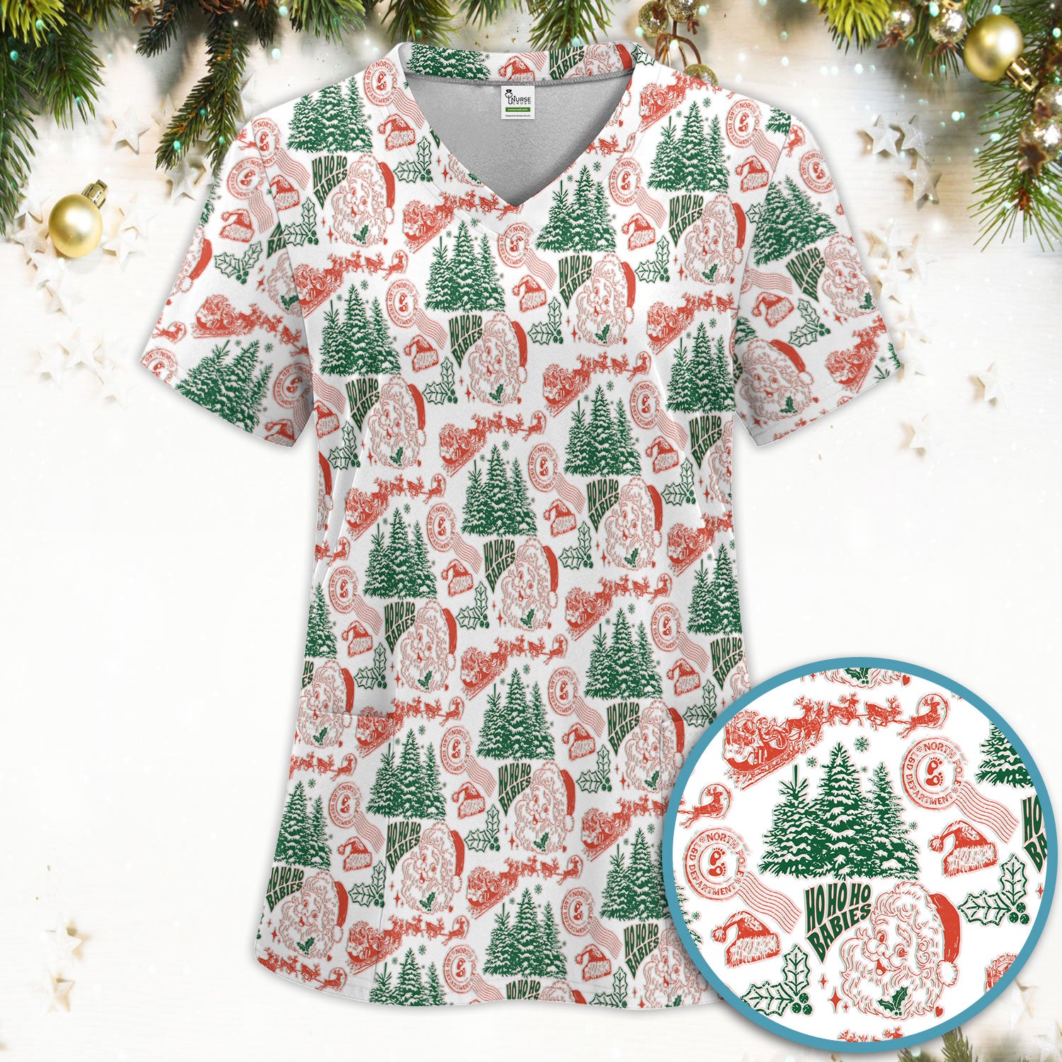 Christmas Santa Scrub Set, Vintage Holiday Nurse Shirt, Festive Medical Uniform For Nursing