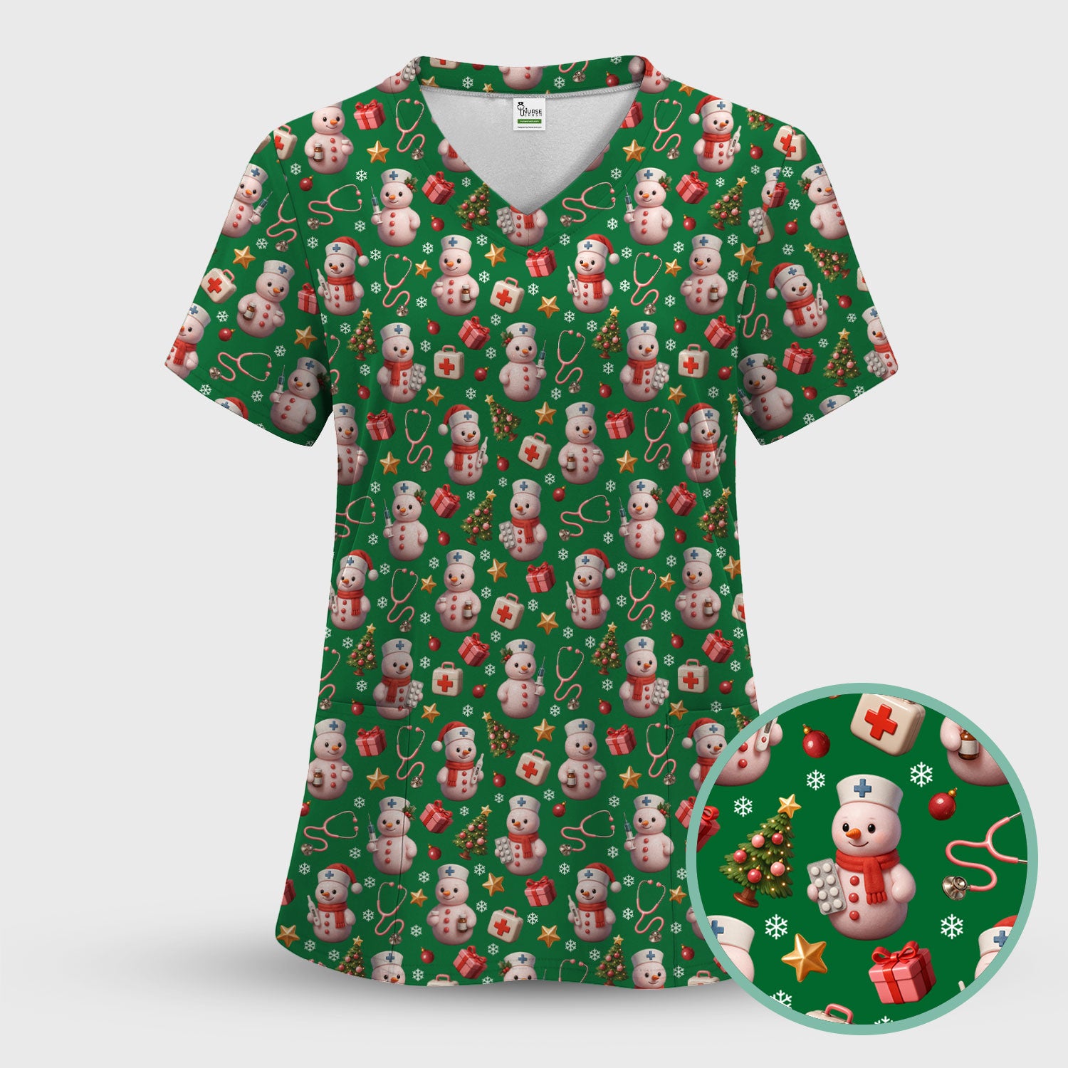 Snowman Pattern Christmas Nurse Scrub Top - Cute Holiday Medical Shirt - Funny Festive Scrubs Gift for RN LPN CNA Nurses
